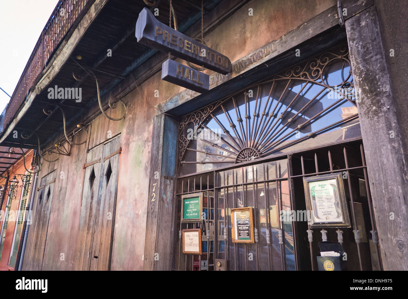 Front of Preservation Hall from Saint Peter St in New Orleans. Home to traditional New Orleans Jazz. Stock Photo