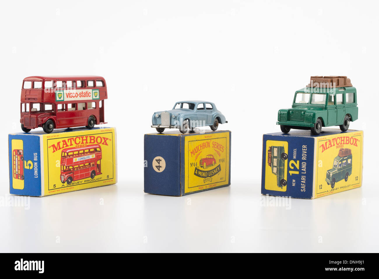 Matchbox Die-cast Toy Cars - Routemaster Bus Rolls Royce and Land Rover Safari Stock Photo