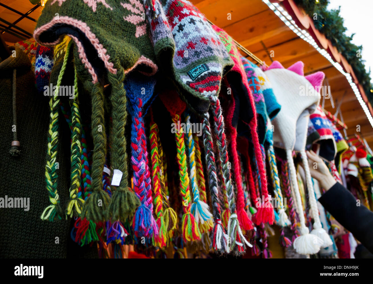 A selection of colourful sherpa hats, sold at the Sherpa Knits booth at the Vancouver Christmas market. Stock Photo