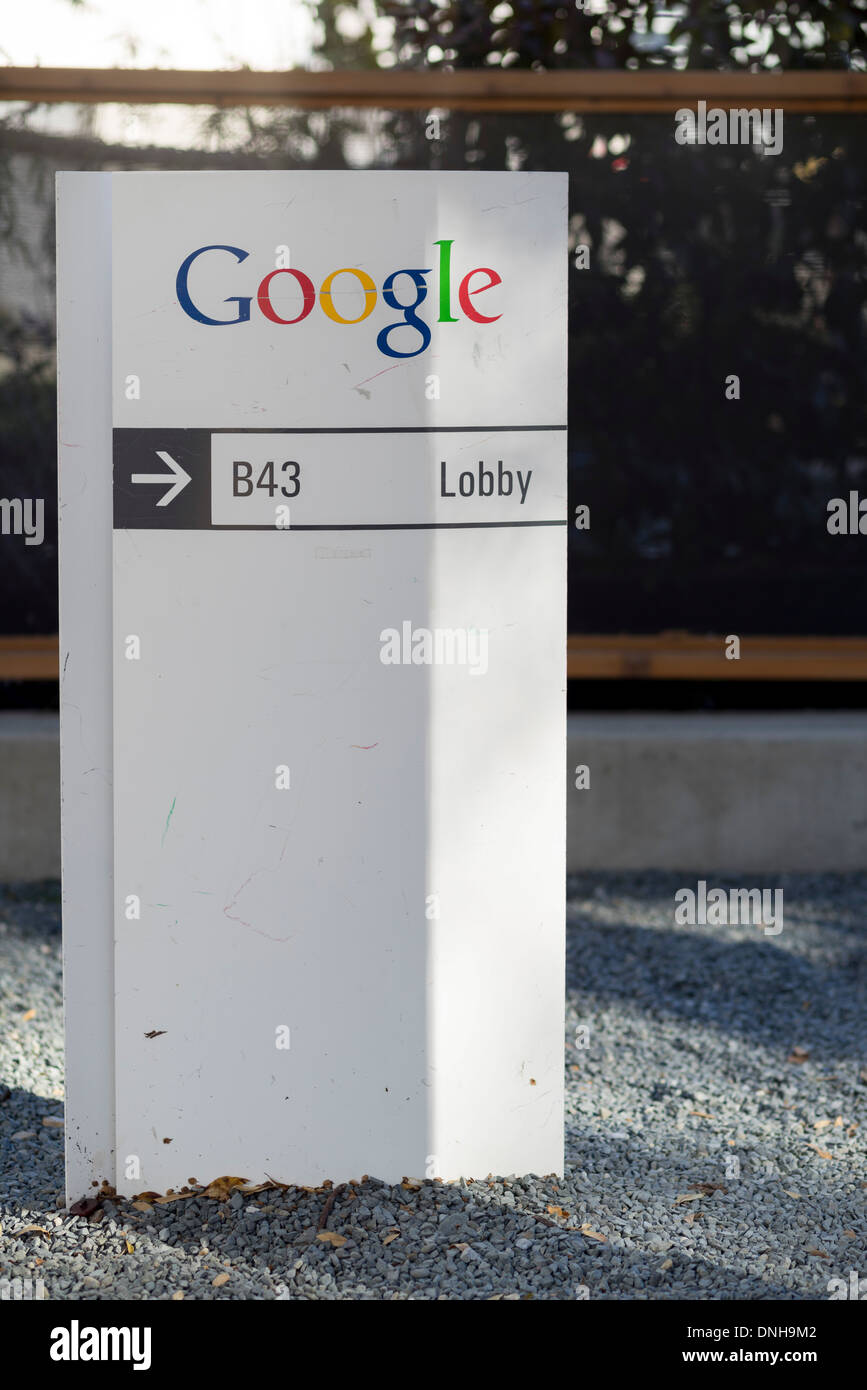 Google sign on Google main campus. Building 43 Lobby. Stock Photo