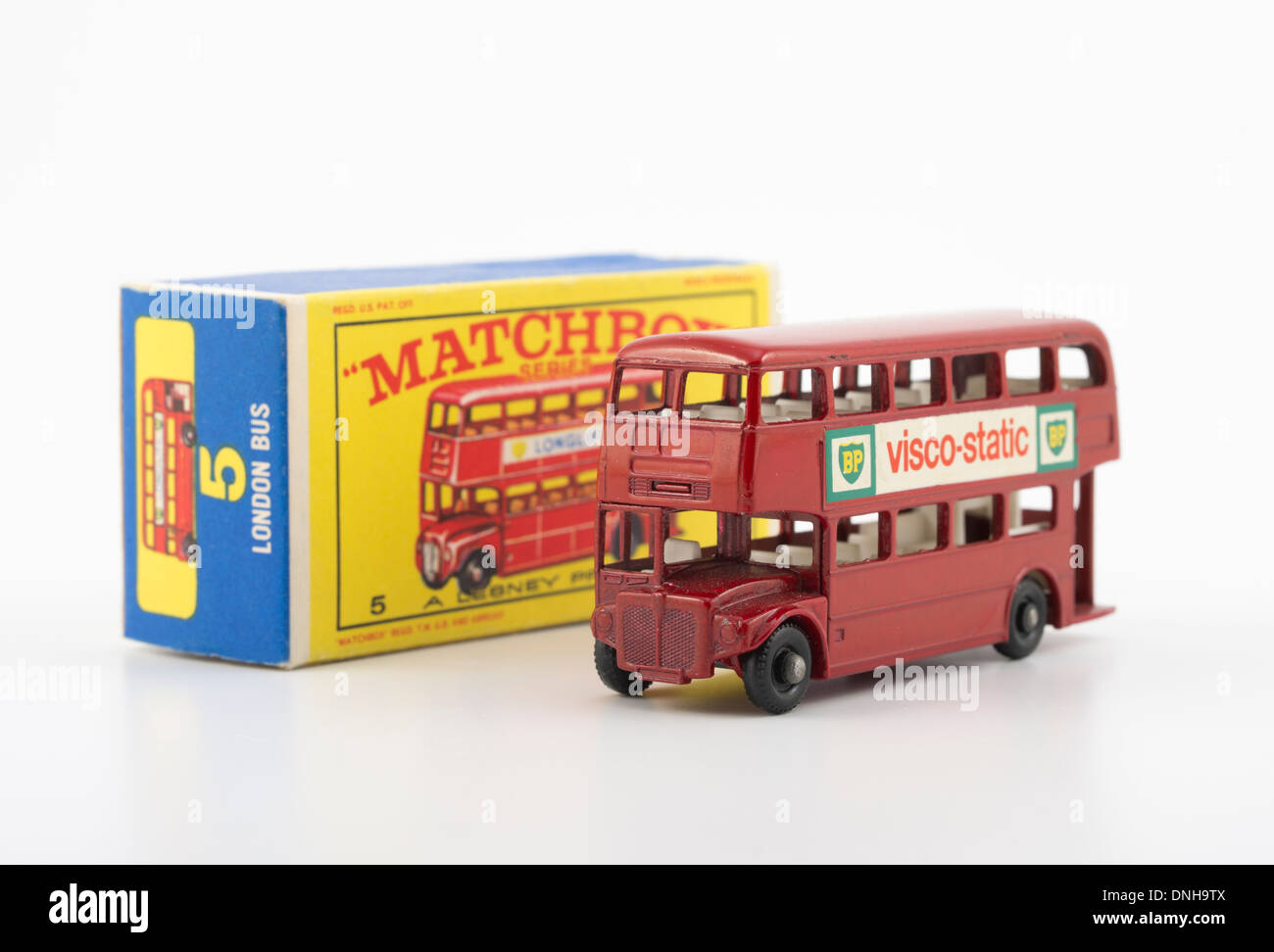Matchbox Die-cast Toy Cars - #5 Routemaster Red Double Decker Bus Produced by Lesney Products United Kingdom from 1953 onwards. Stock Photo