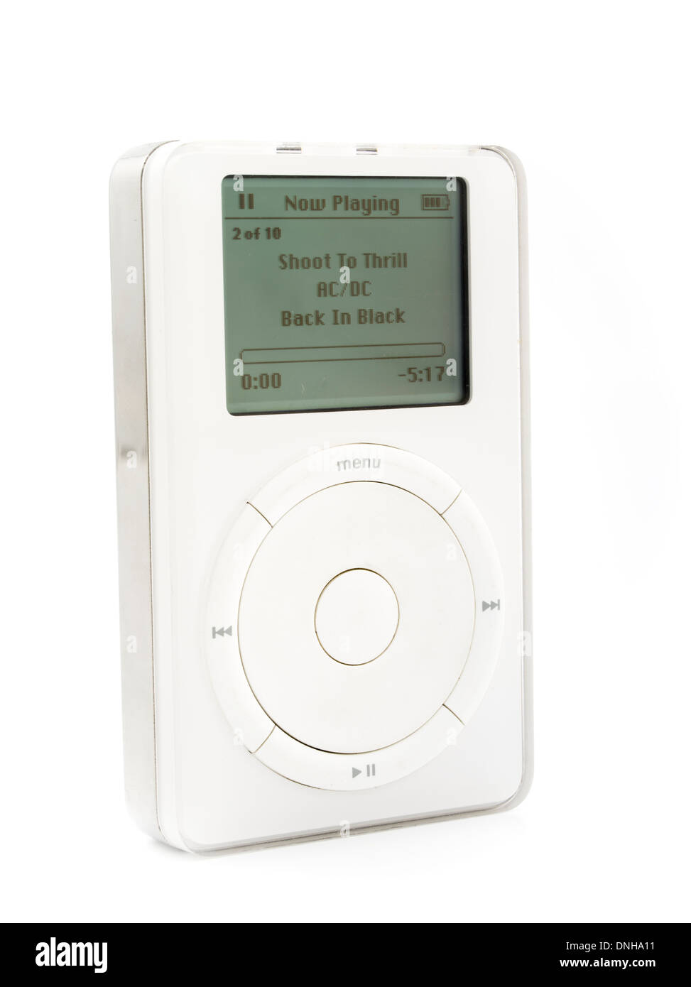 Apple iPod 1st generation released October 23, 2001 with buds earphones in white   iconic portable music device Stock Photo