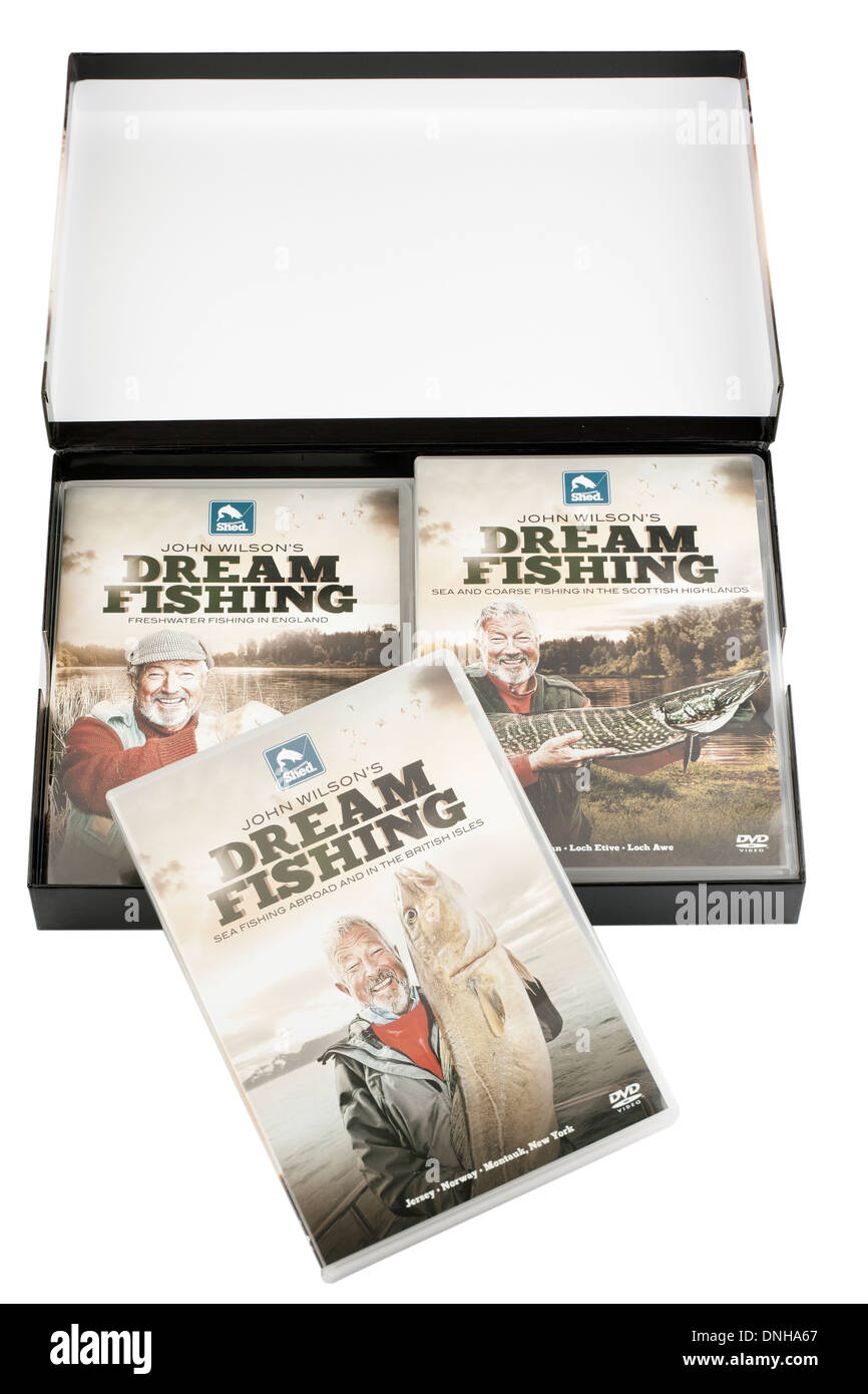 Boxed DVD disk set of 4 DVD's of John Wilsons Dream Fishing videos Stock Photo