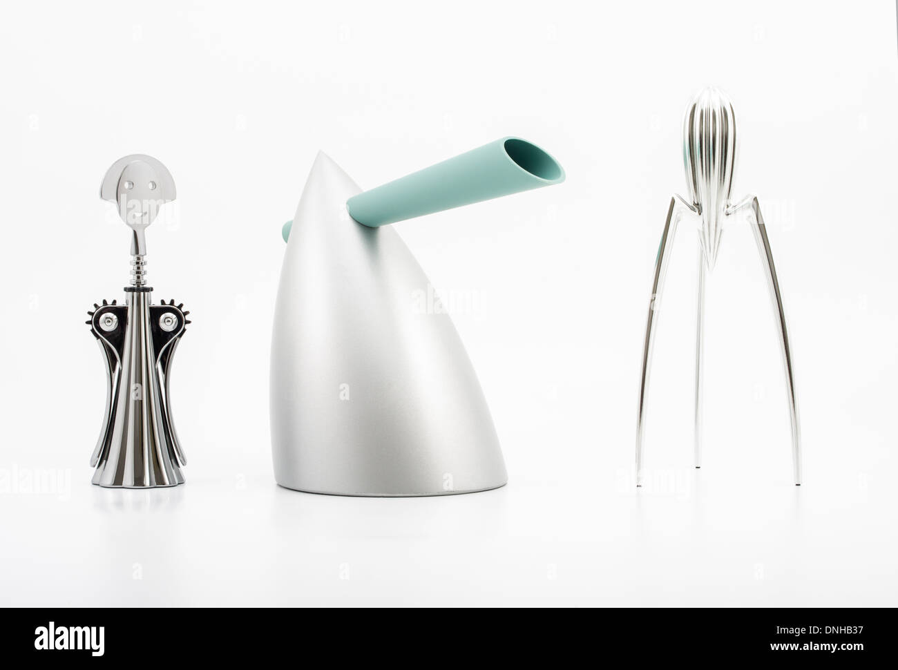 Anna G. Corkscrew, HOT BERTAA / Water Kettle, Alessi Juicy Salif Citrus Squeezer  Designed by Philippe Starck for Alessi. Stock Photo