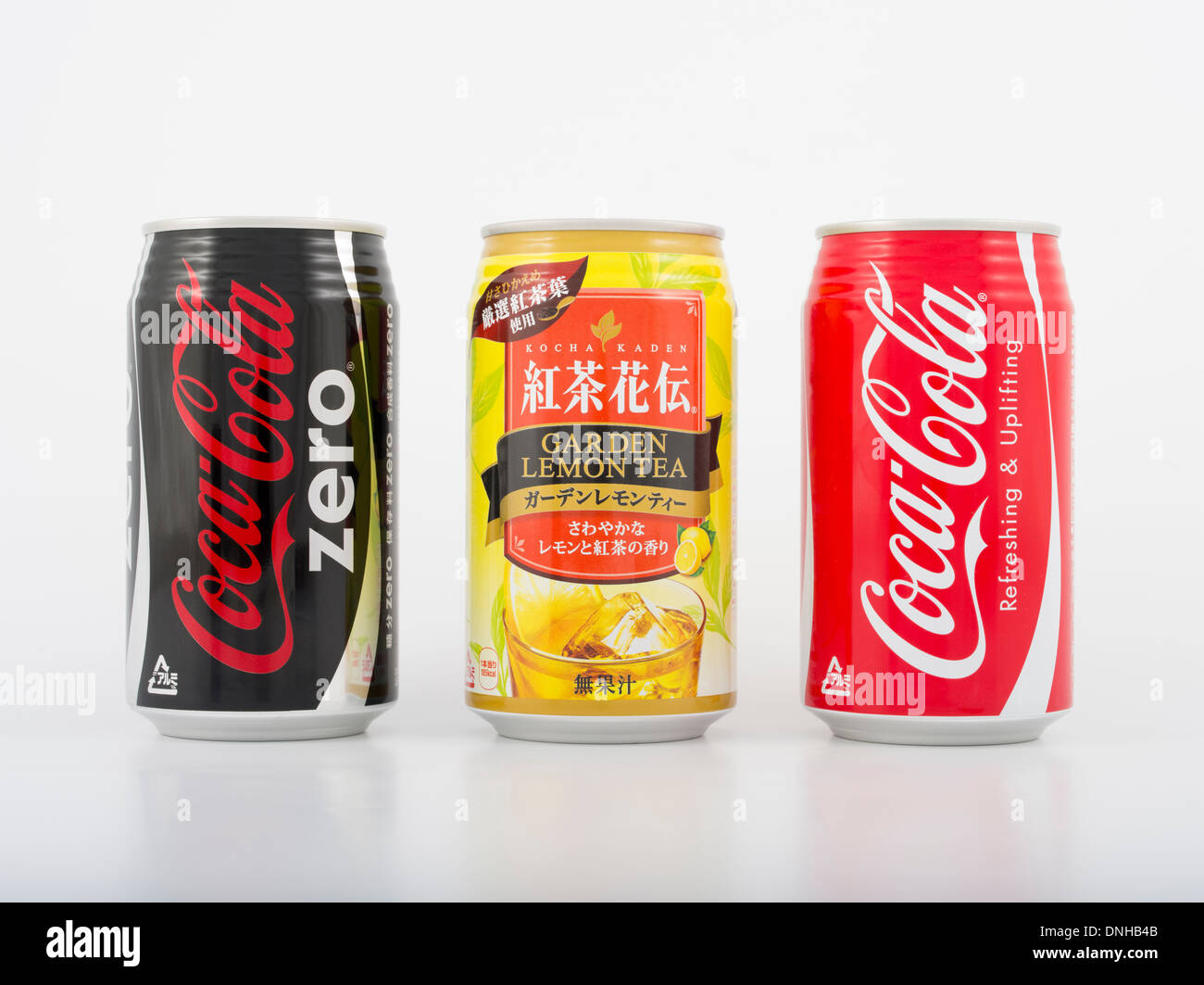 Canned drinks by Coca-Cola beverages in Japan. Original Coca-Cola, Garden Lemon Tea, Coca-Cola Zero. Variations in sugar content Stock Photo