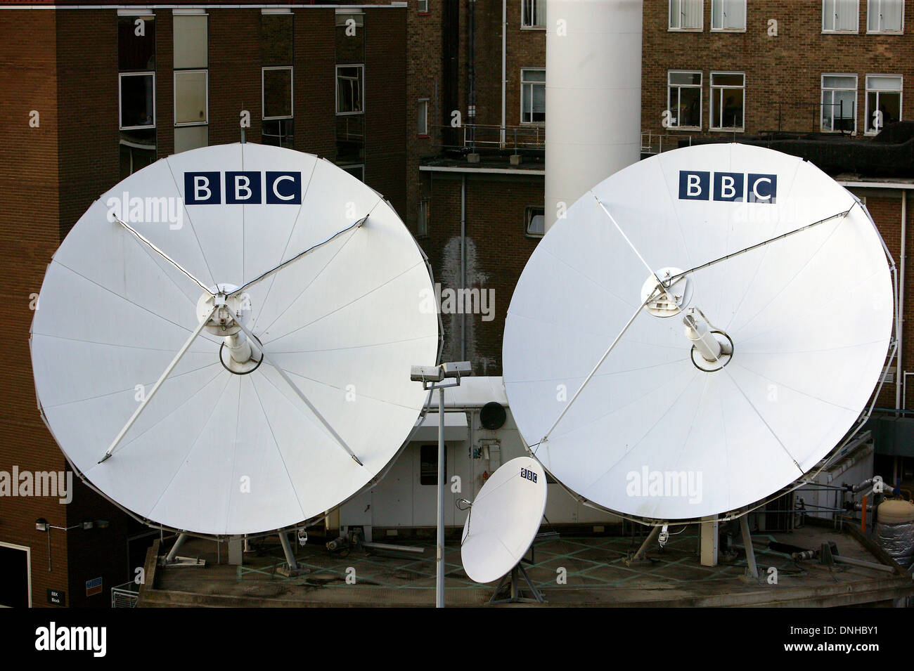 BBC television satellite dishes are pictured at their White City