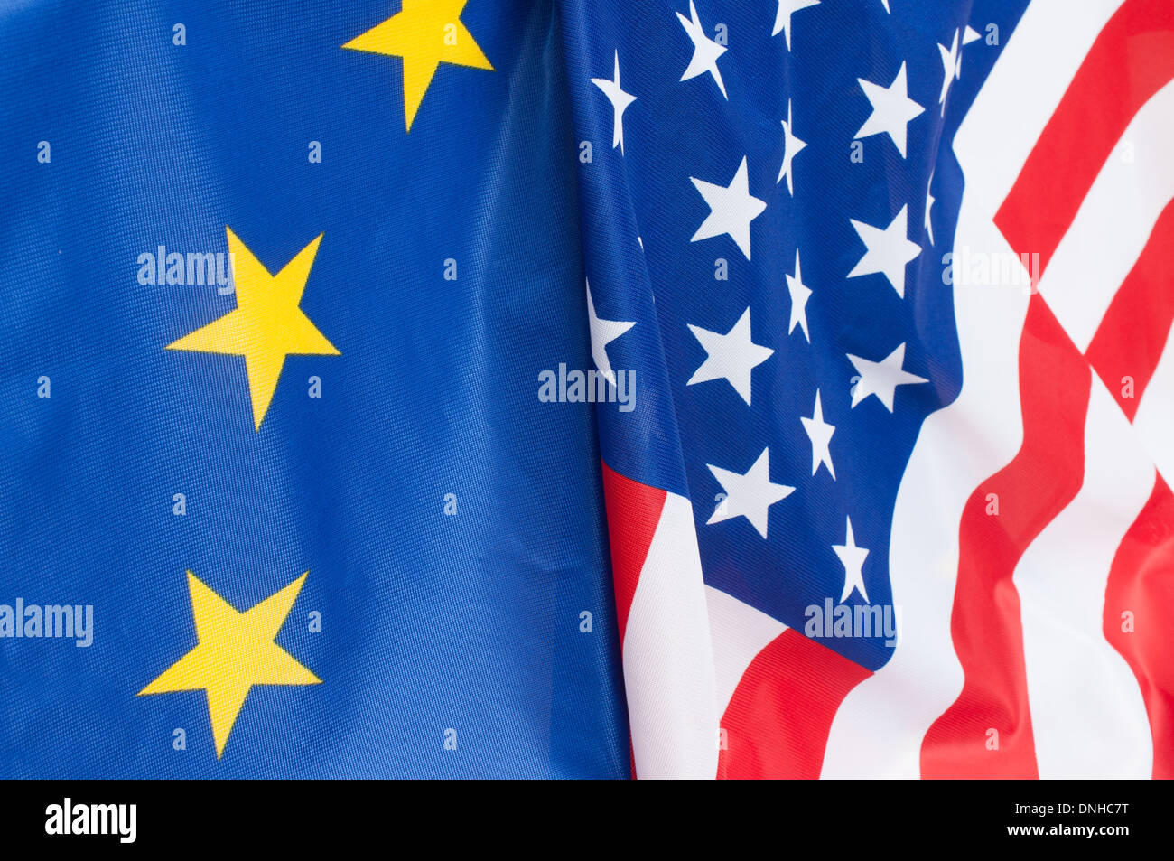 Closeup of Flags of USA and European Union Stock Photo