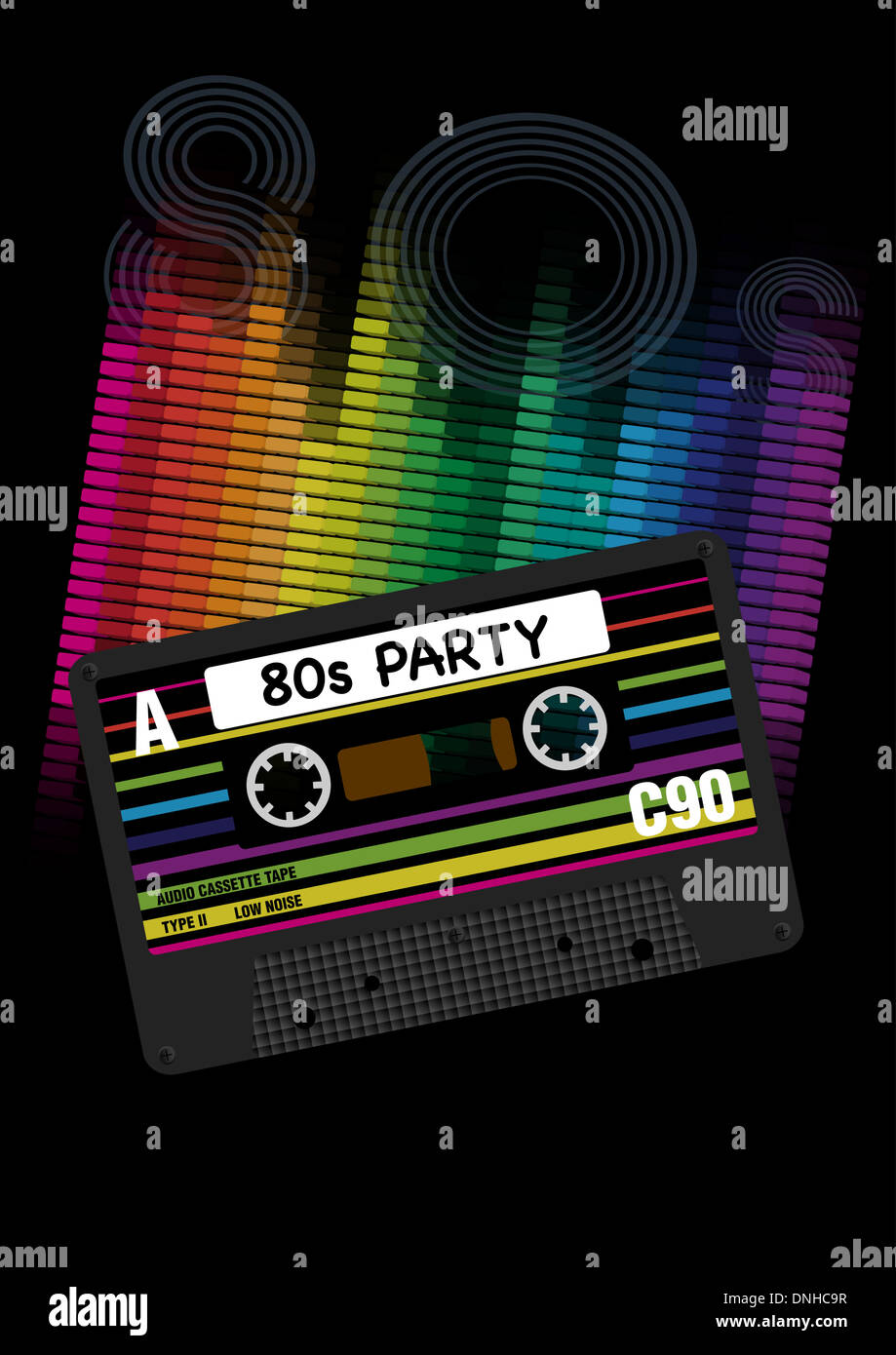 80s retro background - audio cassette tape and equalizer on black Stock