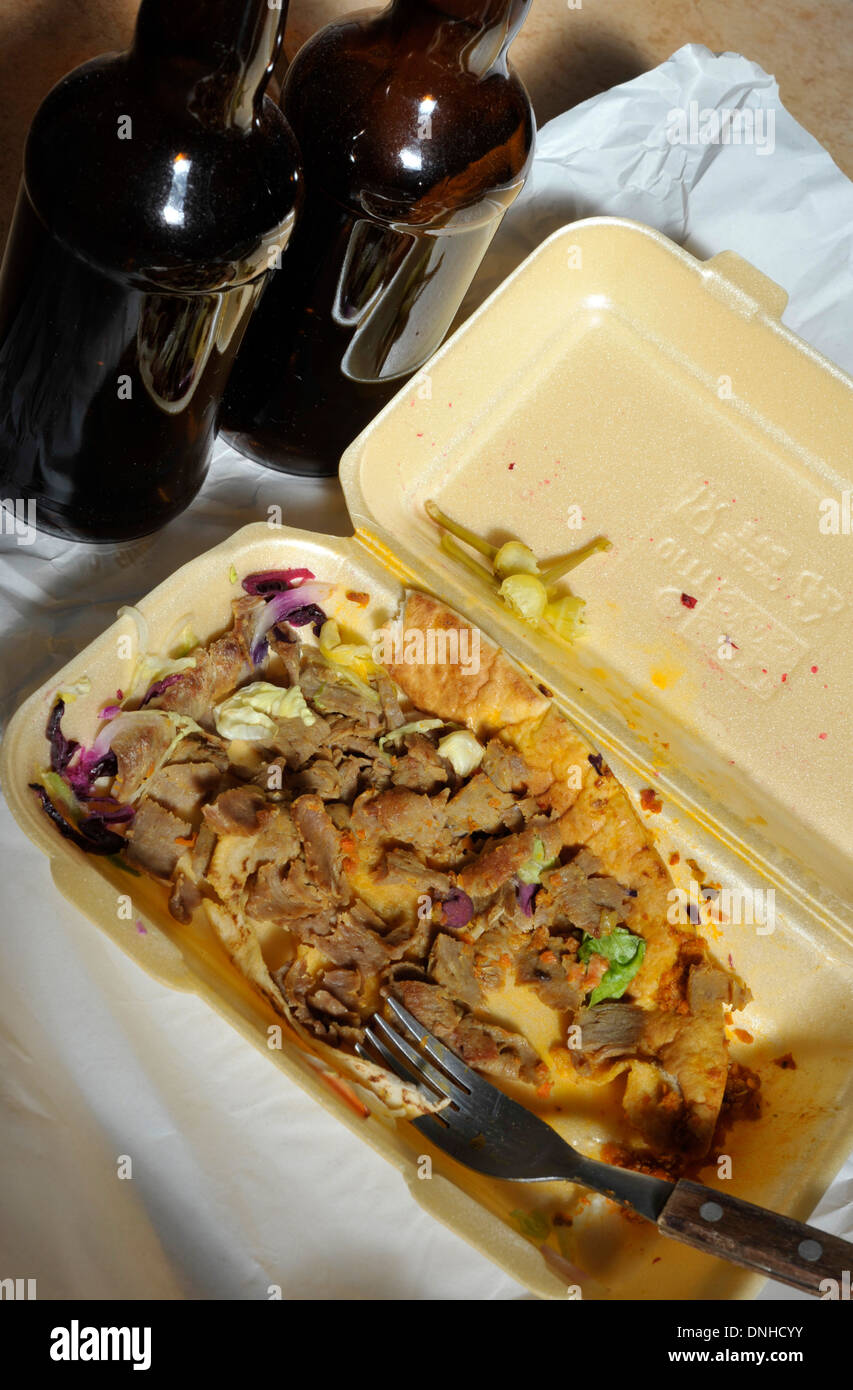 Leftover doner kebab takeaway meal after a night out. Stock Photo