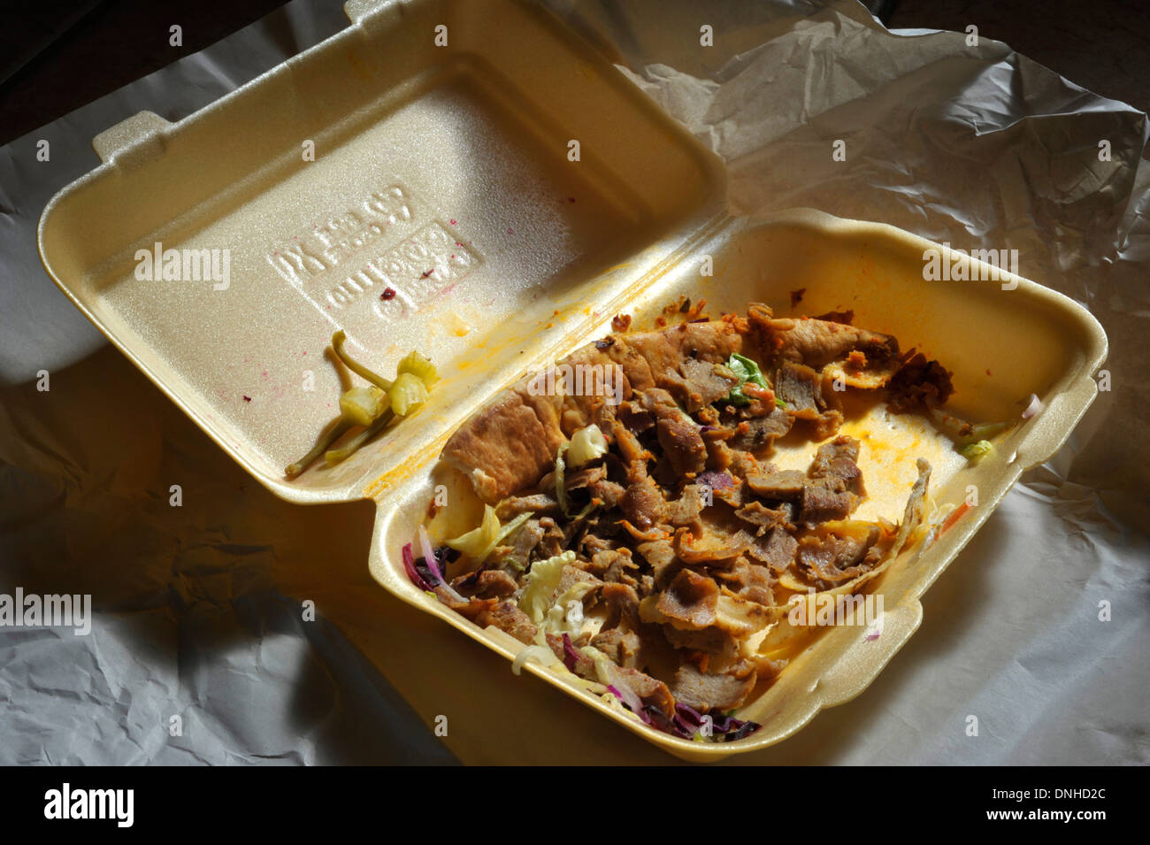 Leftover doner kebab takeaway. Stock Photo