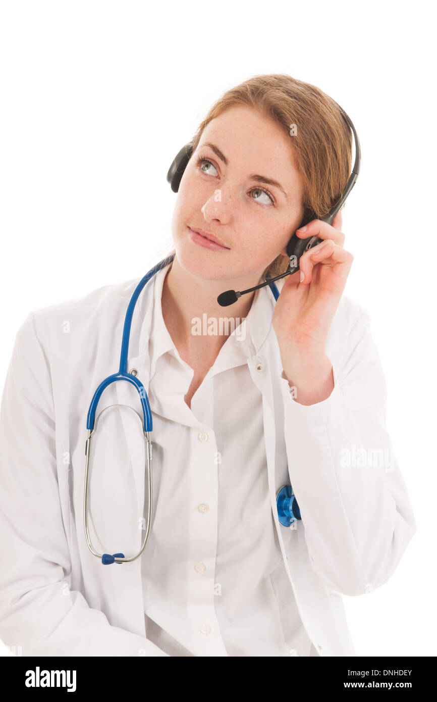 Portrait female doctor with stethoscope and headset Stock Photo