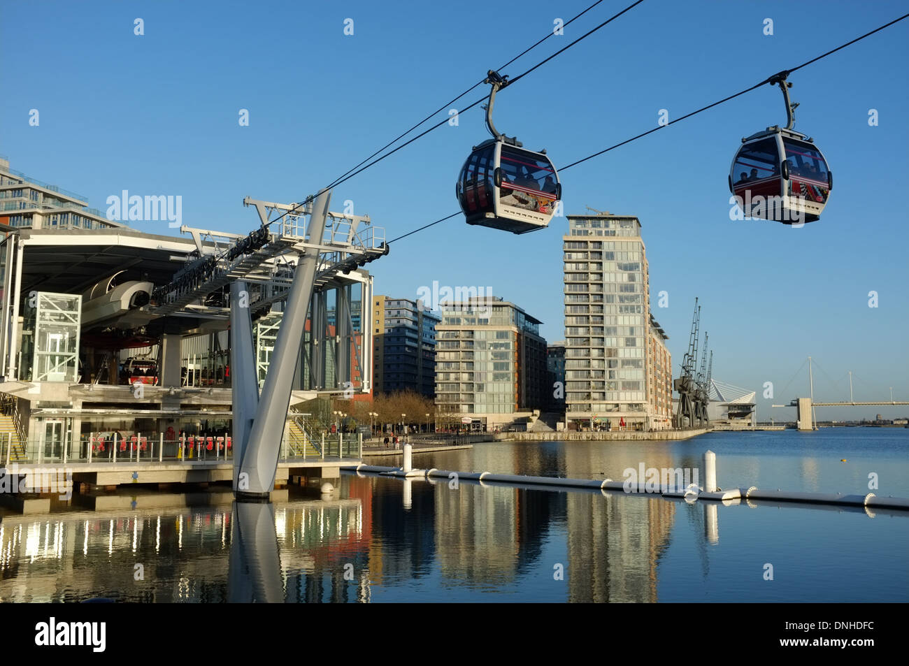 The Emirates  Air Line, Royal Docks terminal on the river Thames London UK Stock Photo