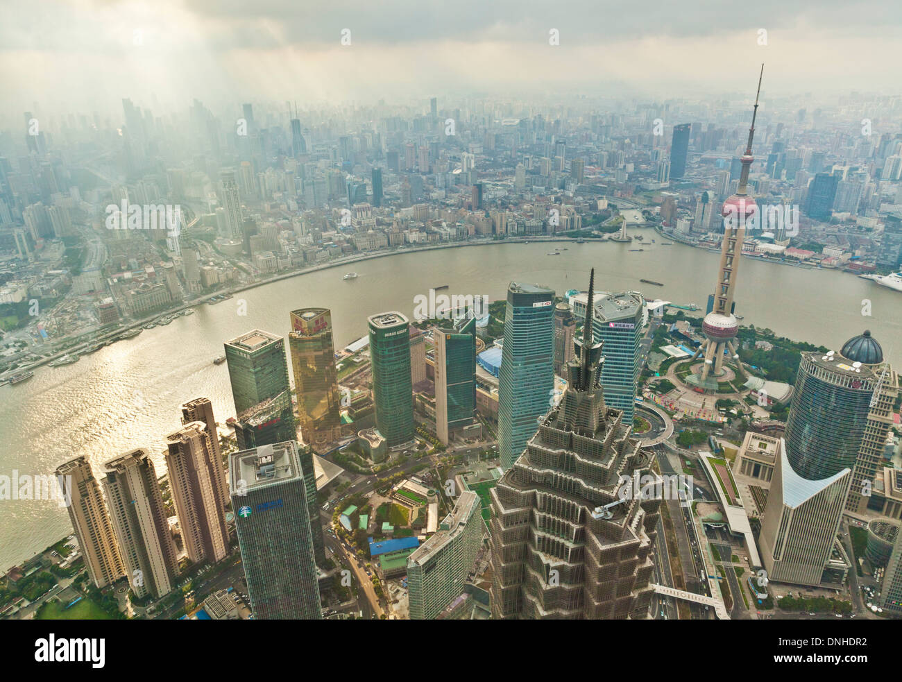 Aerial view Shanghai Skyline, with Oriental Pearl and Pudong skyscrapers, Huangpu River, PRC, People's Republic of China, Asia Stock Photo