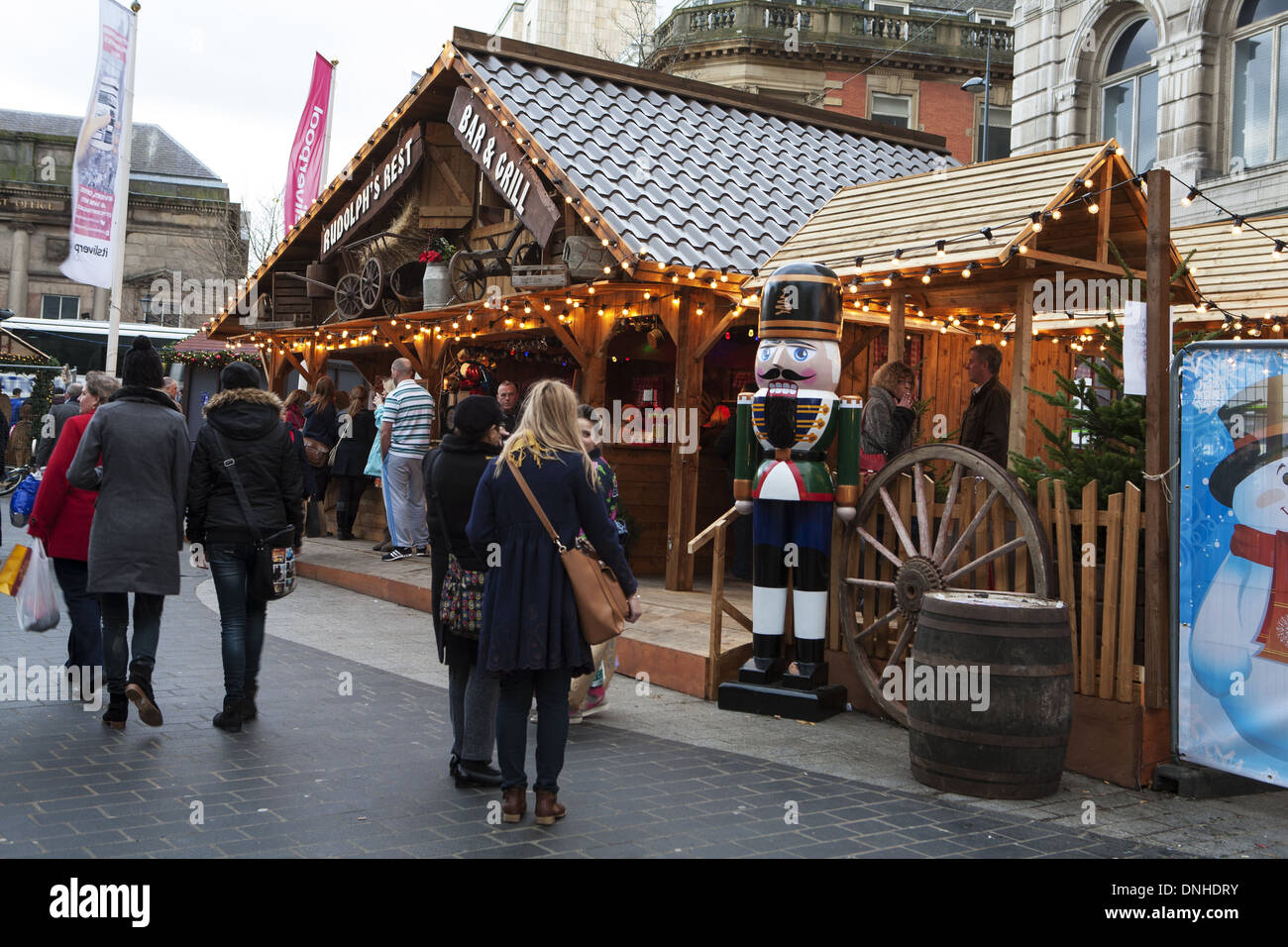 Christmas Market Stalls in Liverpool One Merseyside, UK shops and