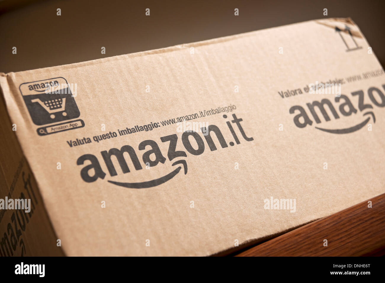 Close up of Amazon box (italian) package home delivery online internet  shopping Stock Photo - Alamy