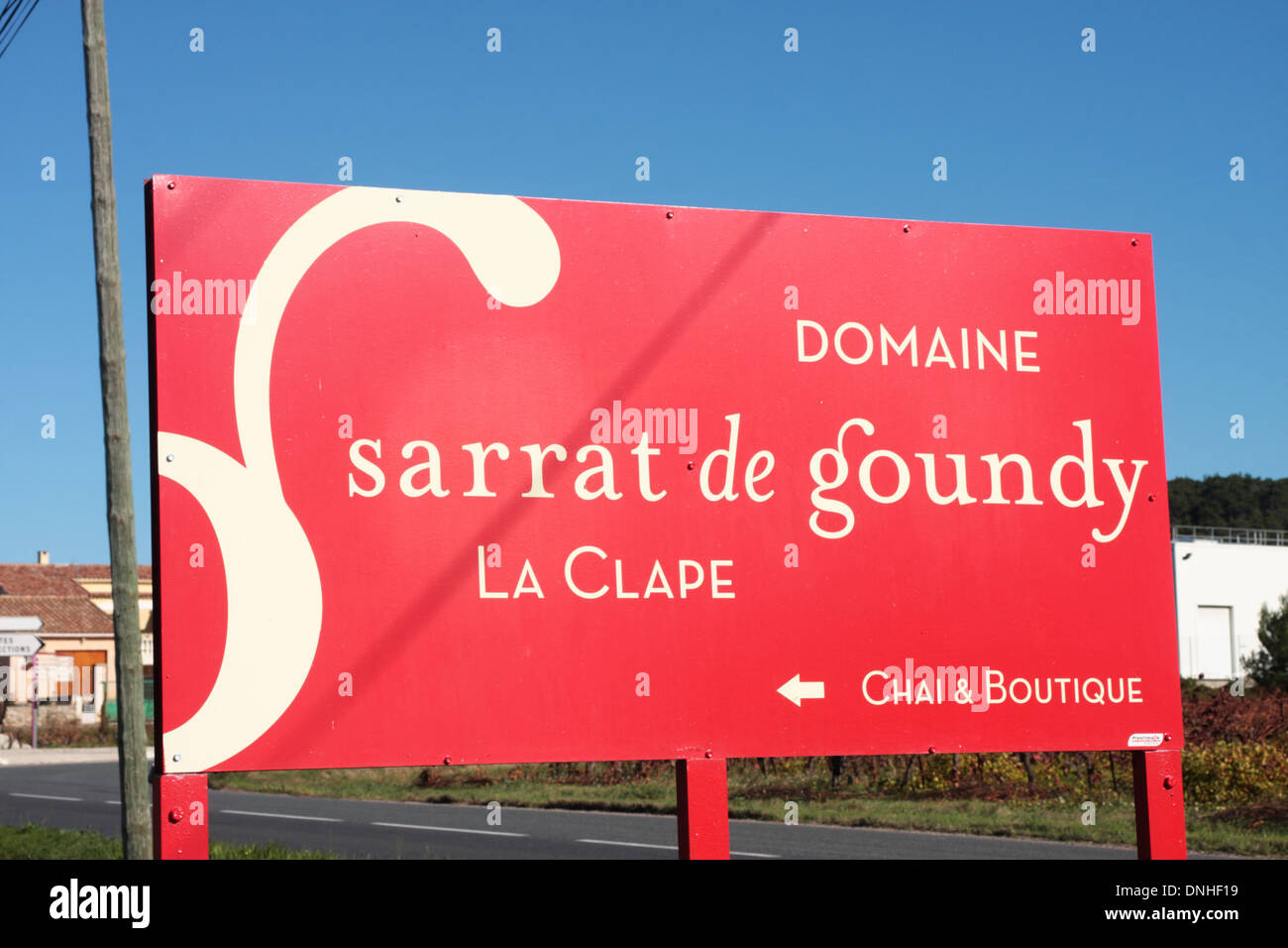 Sign of the Domaine Sarrat de Goundy Vinassan Languedoc-Roussillon France Stock Photo