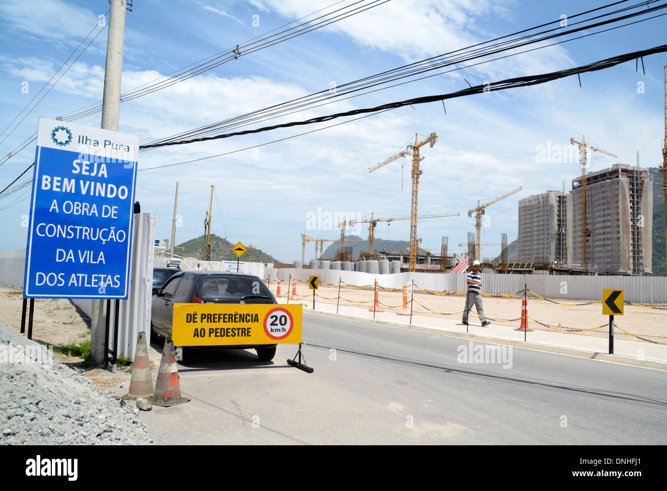 A road sign at the entrance to the site of the new Olympic Village in the Barra da Tijuca, a neighbourhood of Rio de Janeiro in Brazil. Stock Photo