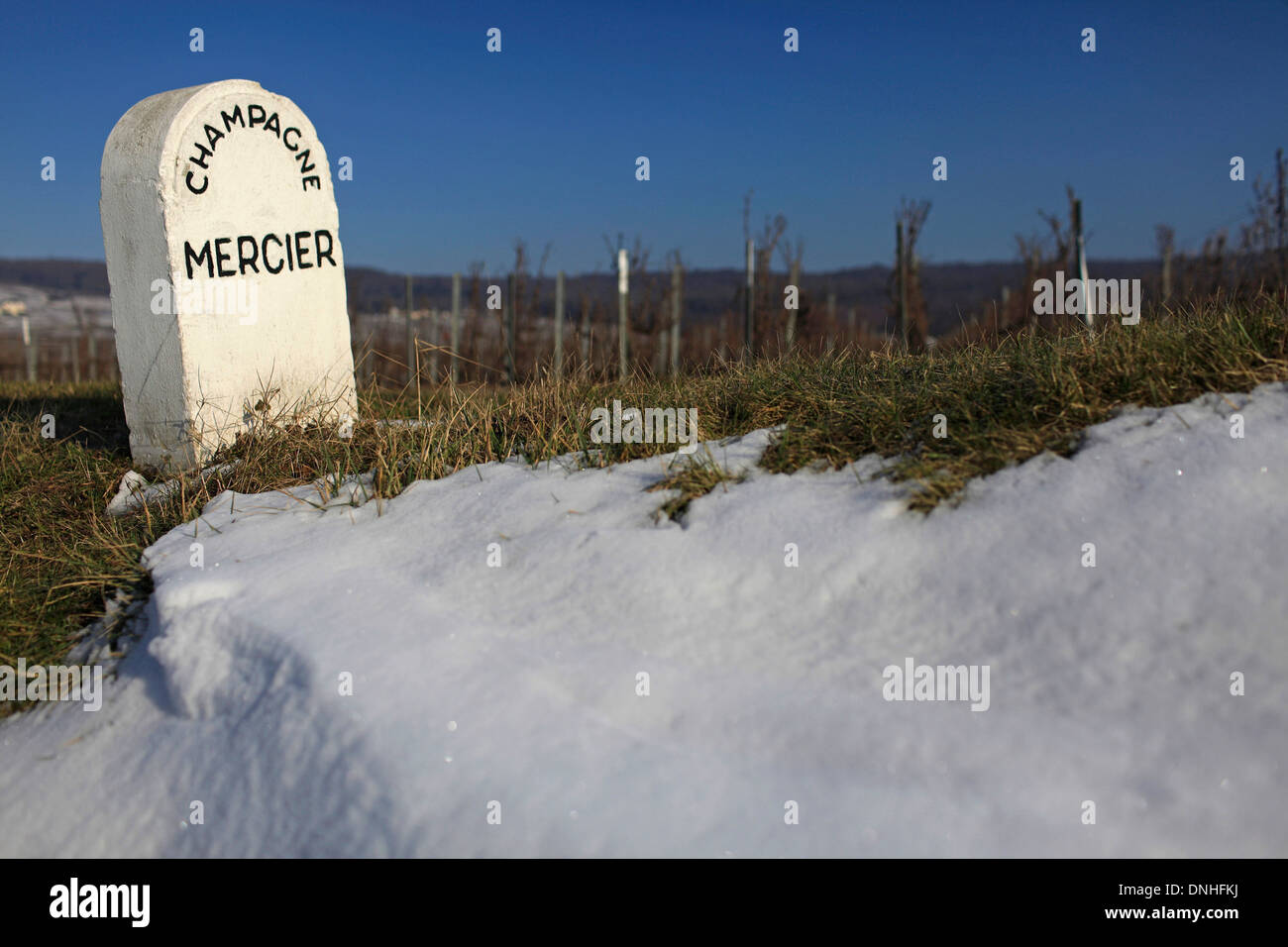 MARKER FOR THE MERCIER CHAMPAGNES IN HAUTVILLERS, MARNE (51), CHAMPAGNE-ARDENNE, FRANCE Stock Photo