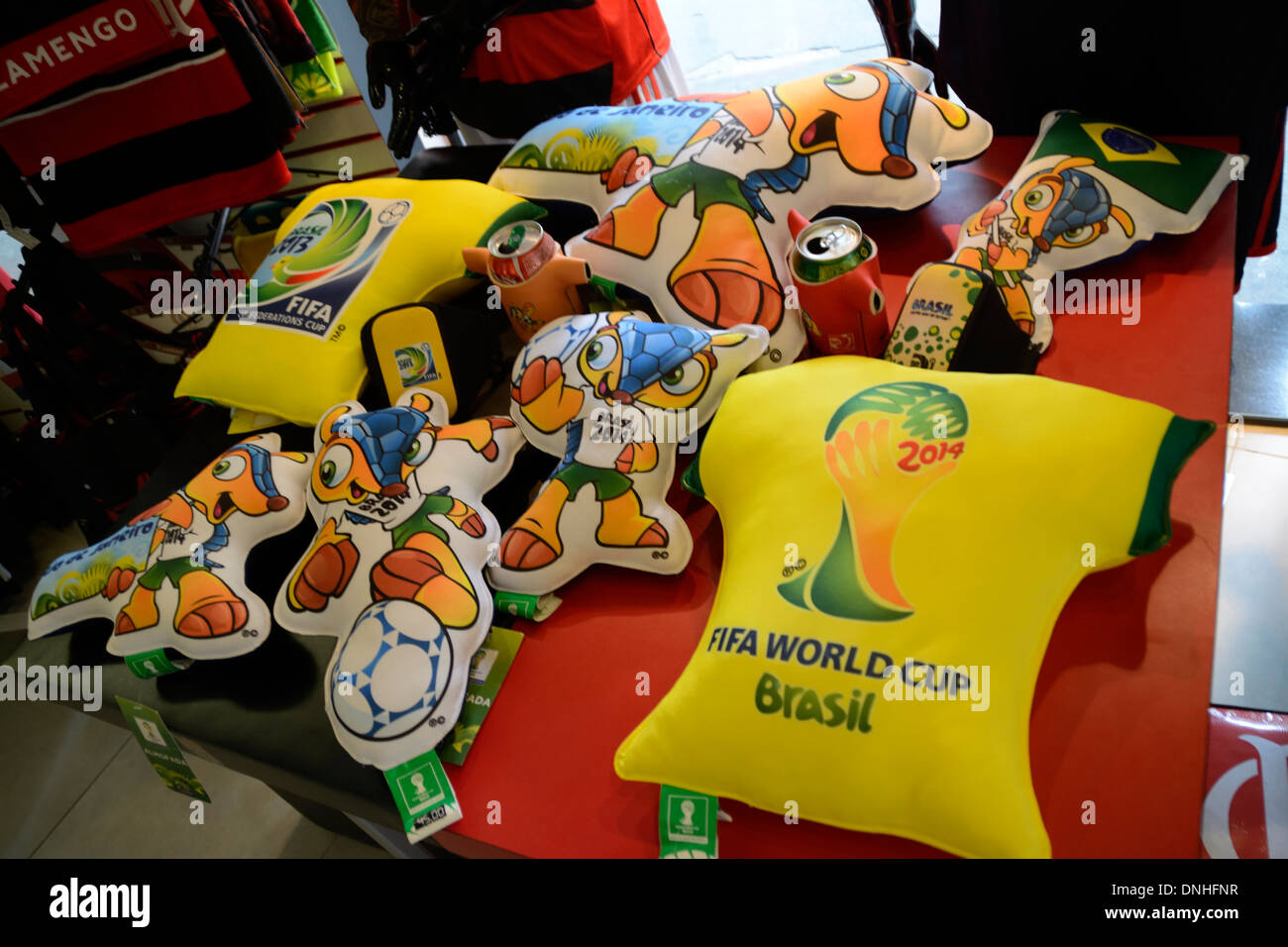 Official Rio world cup football 2014 mascots and souvenirs on sale in Rio de Janeiro, Brazil, Stock Photo