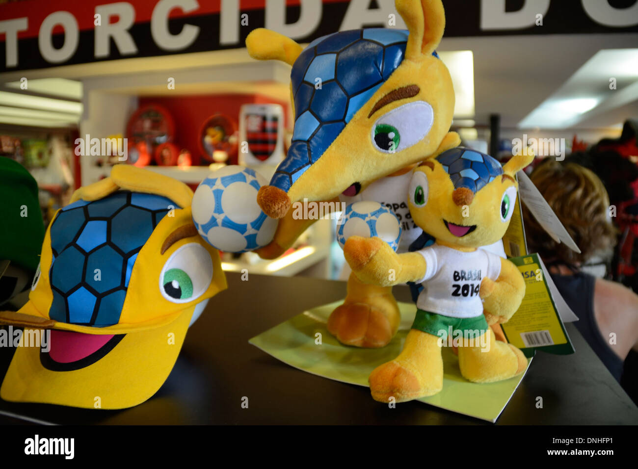 Official Rio world cup football 2014 mascots and souvenirs on sale in Rio de Janeiro, Brazil, Stock Photo