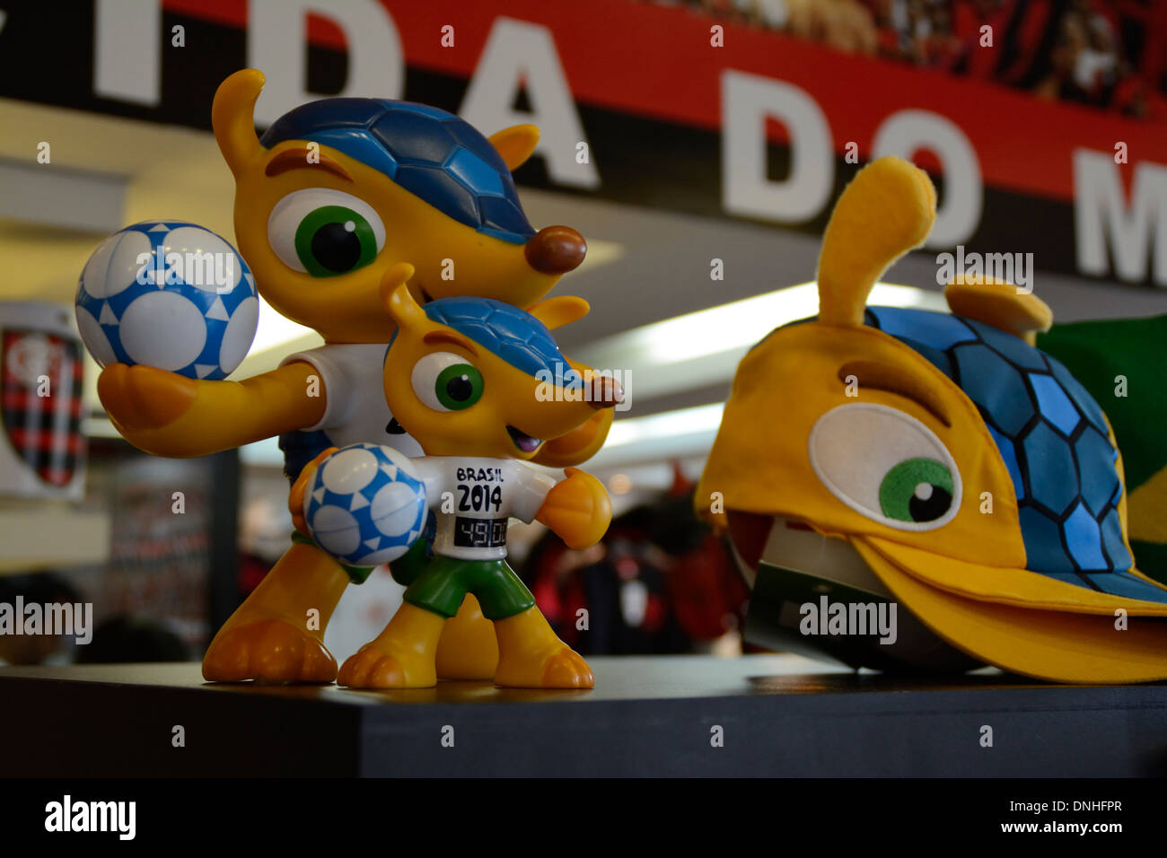 Official Rio world cup football 2014 mascots and souvenirs on sale in Rio de Janeiro, Brazil, Stock Photo