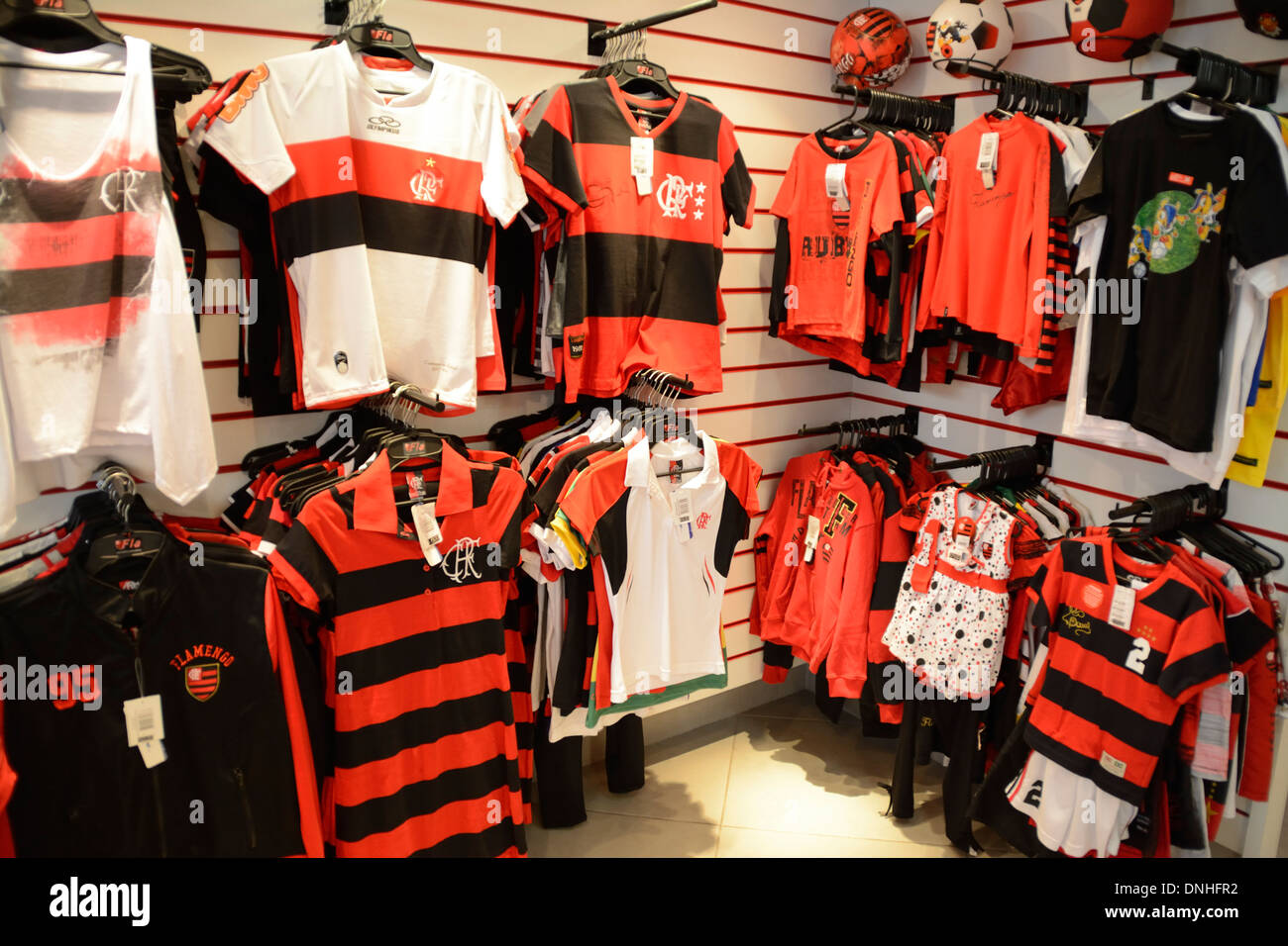 An official FC Flamengo sports wear ( Clube de Regatas do Flamengo) in Rio de Janeiro, Brazil. Stock Photo