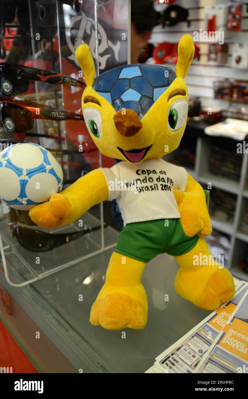 Official Rio world cup football 2014 mascots and souvenirs on sale in Rio de Janeiro, Brazil, Stock Photo