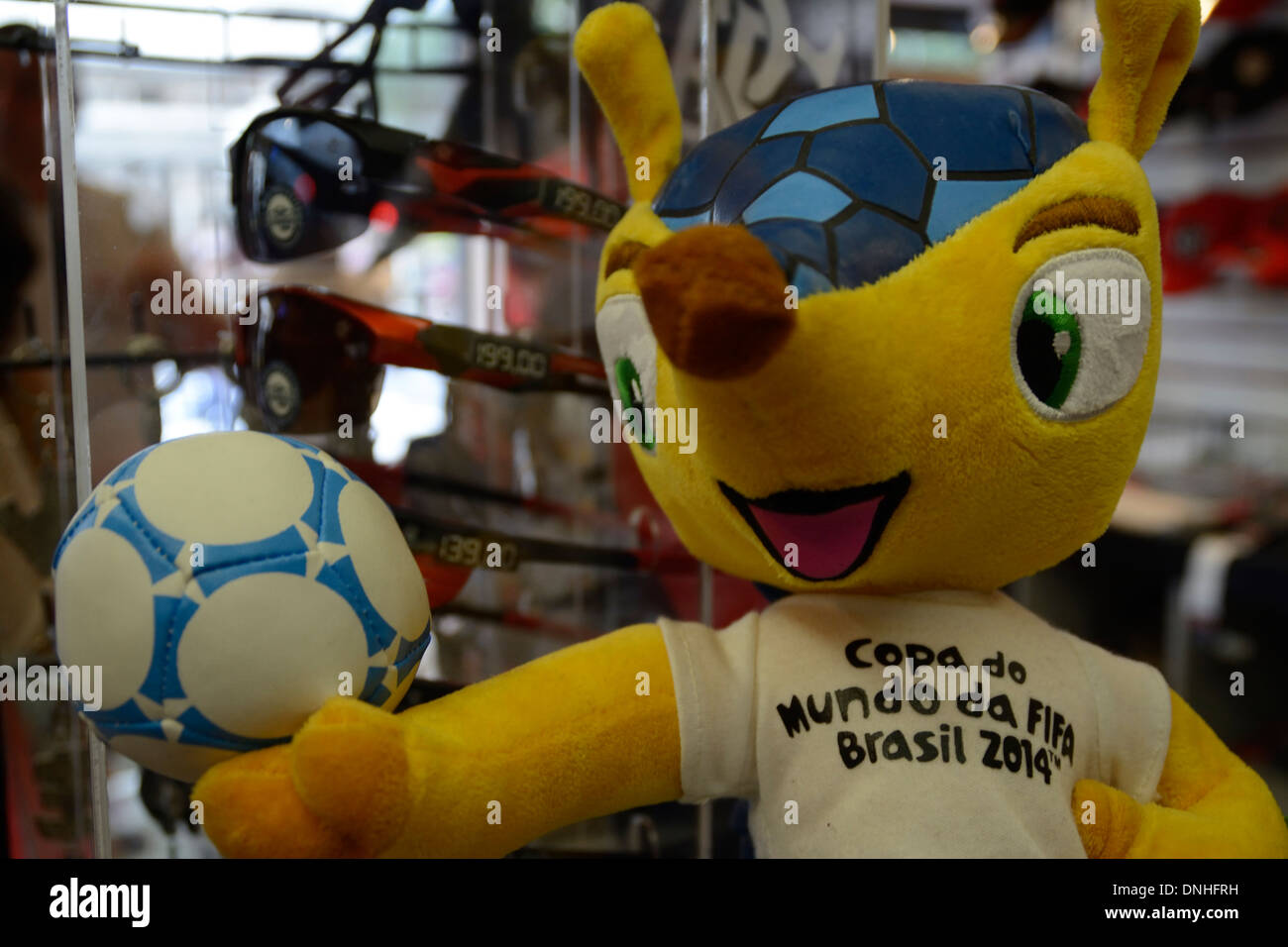 Official Rio world cup football 2014 mascots and souvenirs on sale in Rio de Janeiro, Brazil, Stock Photo