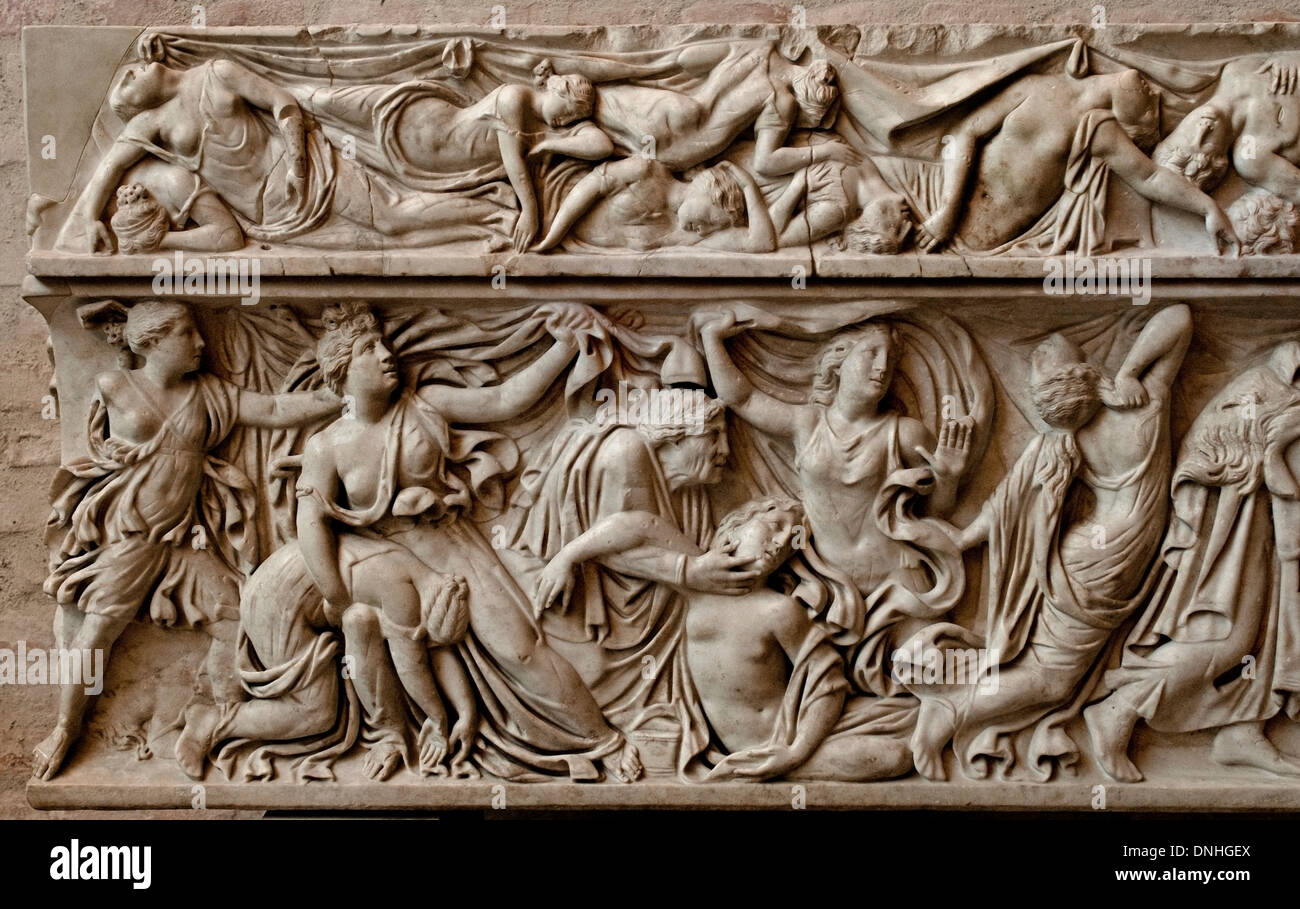 Rome Italy Italian Roman sarcophagus: Apollo and Artemis ( Greek )  killing the 14 children of Niobe  Top : dead Niobids 160–170 Stock Photo
