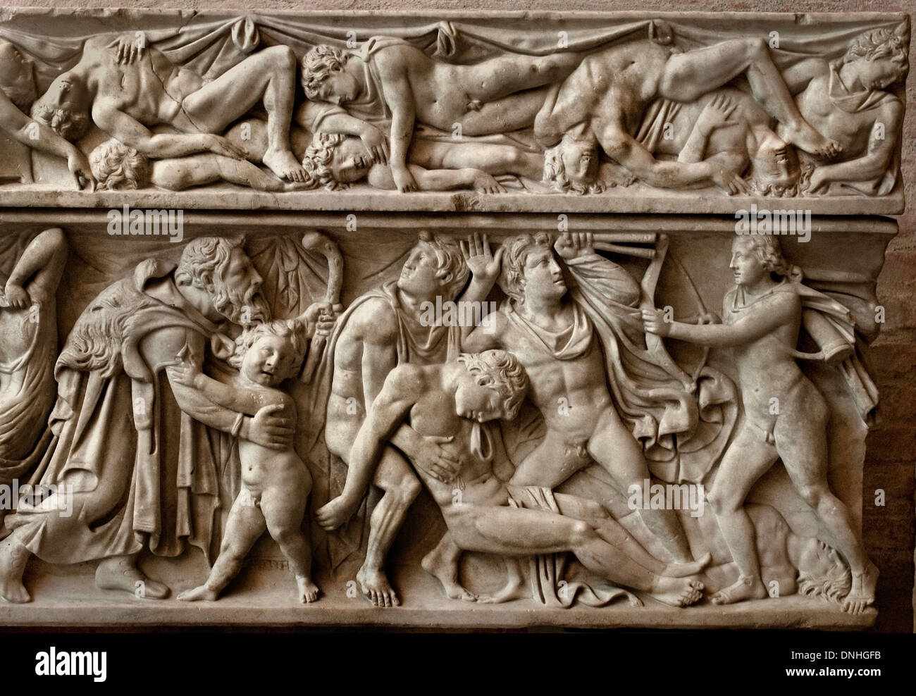 Rome Italy Italian Roman sarcophagus: Apollo and Artemis ( Greek )  killing the 14 children of Niobe  Top : dead Niobids 160–170 Stock Photo