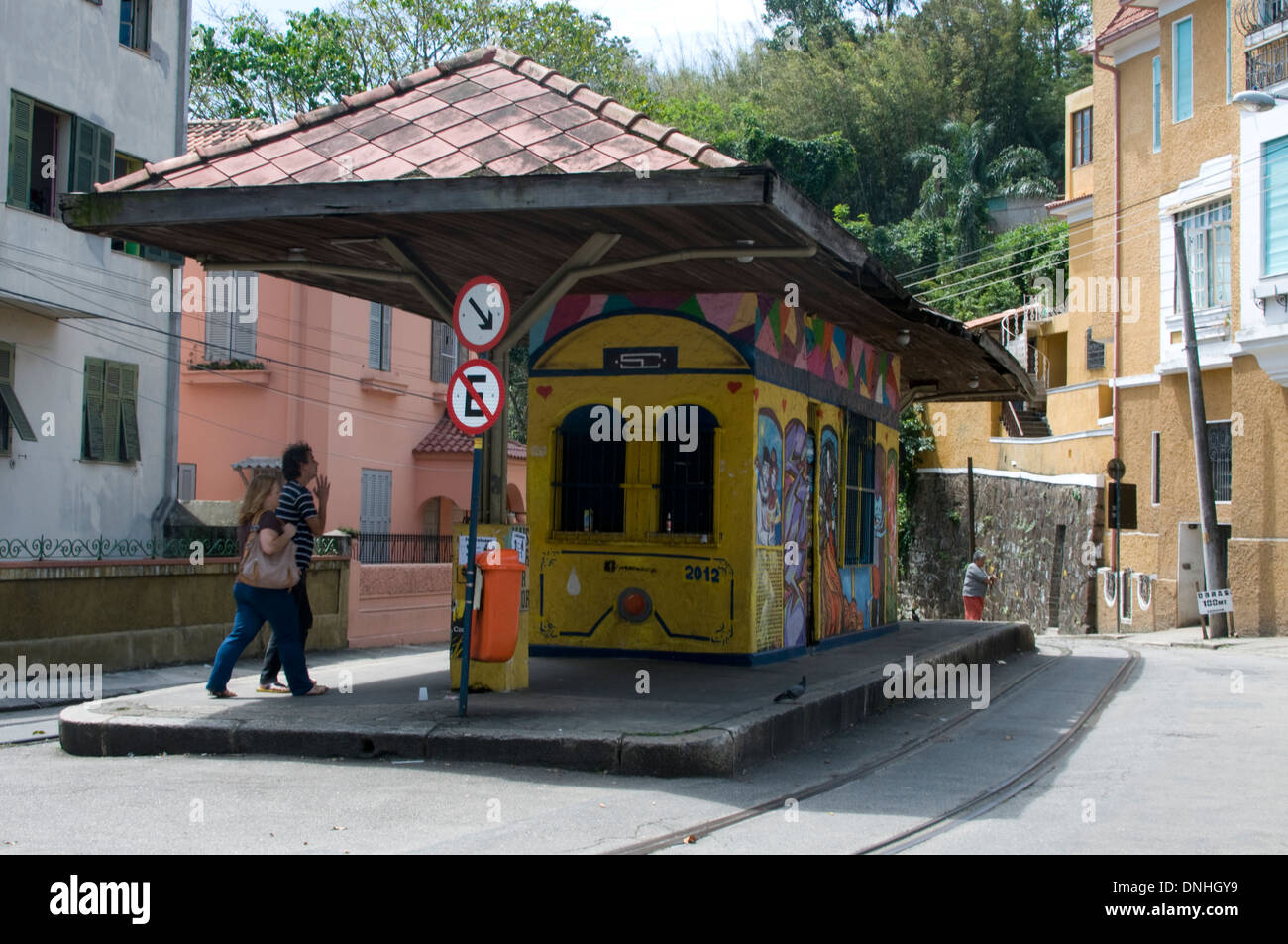 A tram stop at Santa Teresa, a popular neighbourhood with artists and tourists for its narrow winding streets in Rio de Janeiro Stock Photo