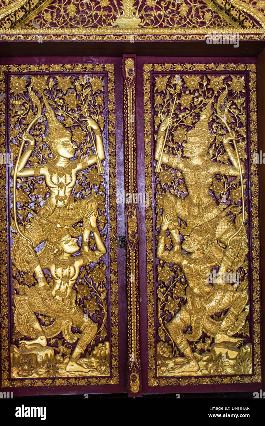 Ancient Buddhist temple mural , Door Thai Style Stock Photo
