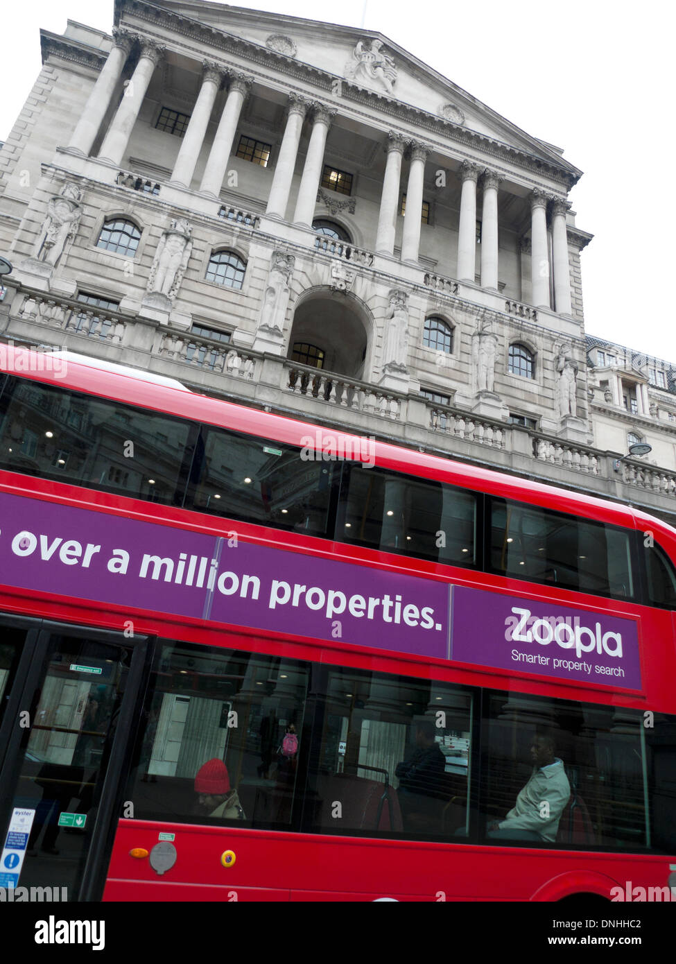Zoopla property advert on a doubledecker London bus outside the Bank of England Threadneedle St