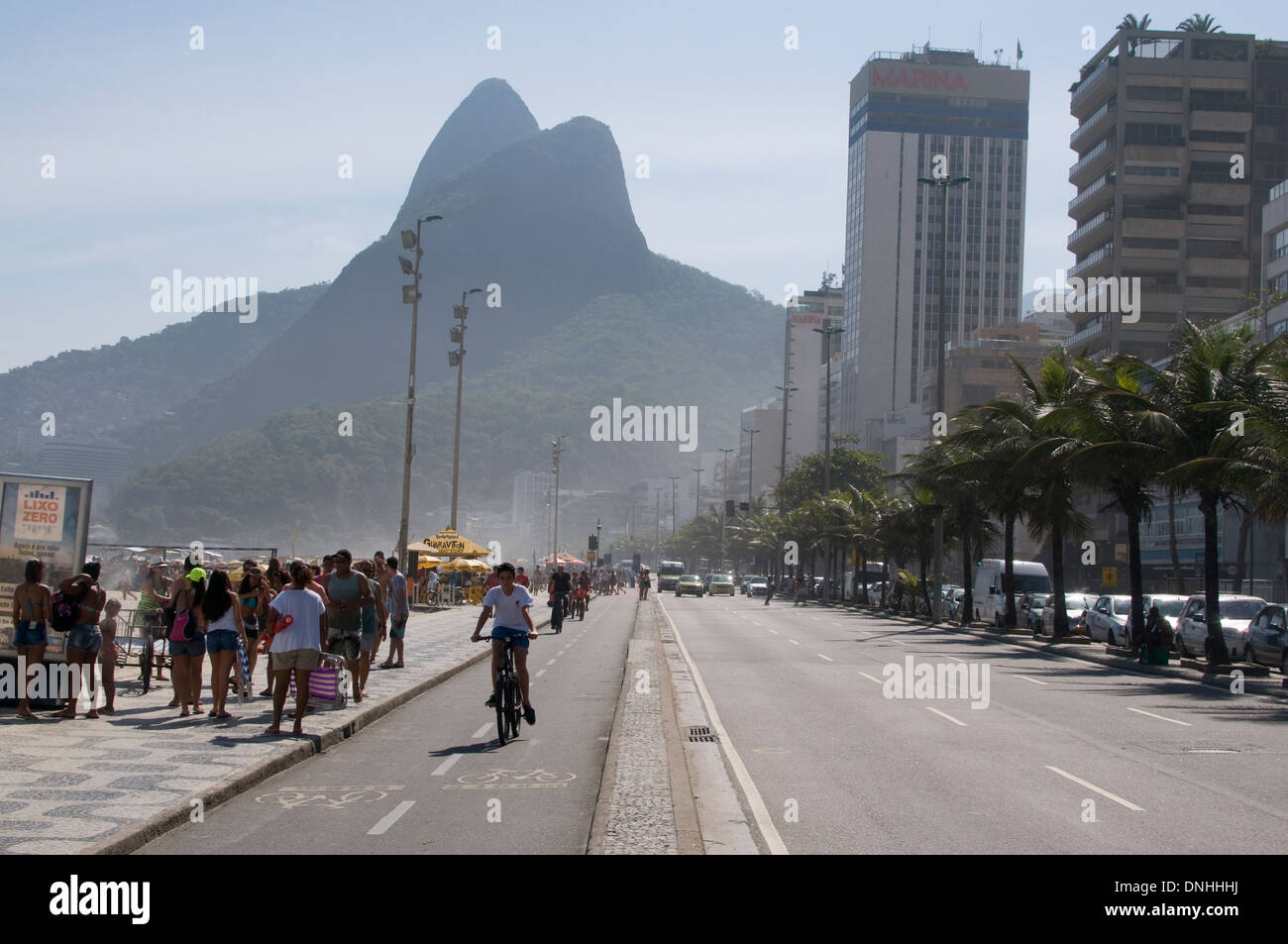 The Two Brothers peaks ( Dois Irmaos ) from Leblon Beach in Rio de Janeiro, Brazil. Stock Photo