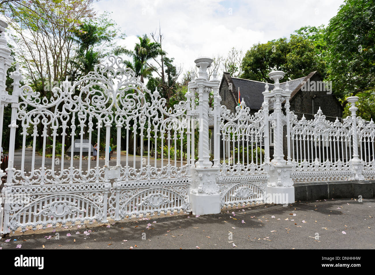 Ornate cast iron gates of Sir Seewoosagur Ramgoolam Botanical Gardens, Pamplemousse, Mauritius. Stock Photo
