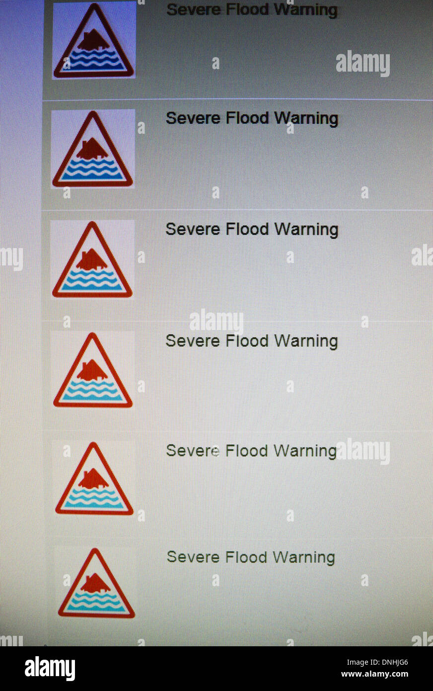 Severe Flood Warnings listed on the Environment Agency's website at the time of the tidal surge in UK, 2013. Stock Photo