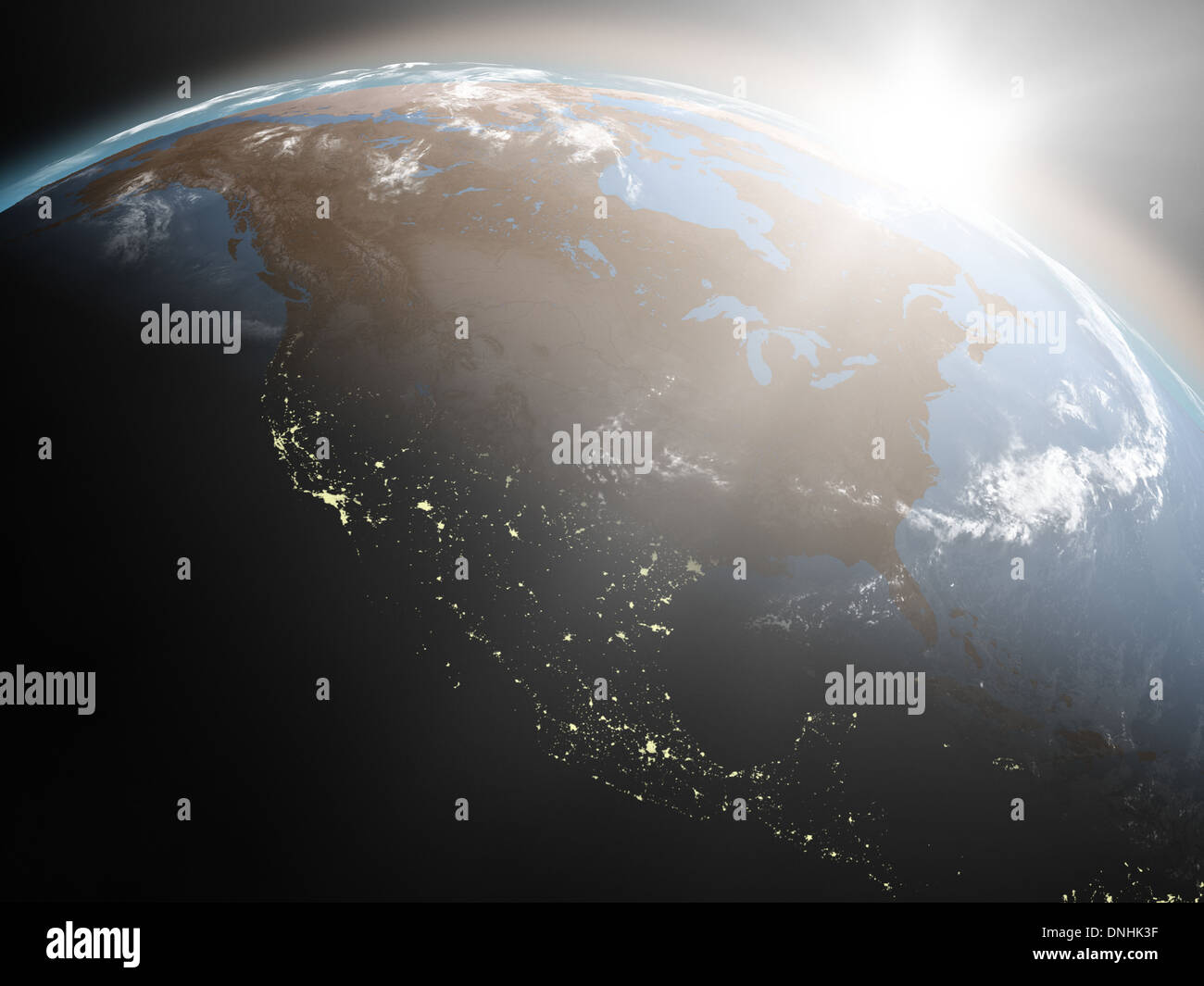Space view of the sun rising over North America on planet Earth ...