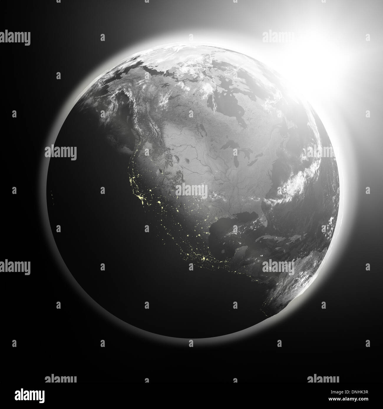 Space view of the sun rising over North America on black planet Earth ...