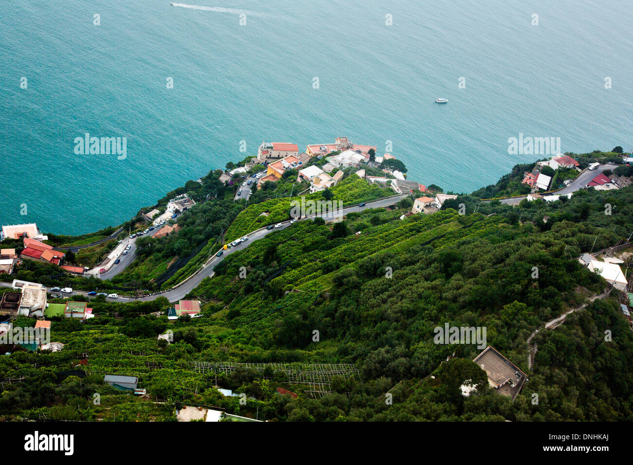 Aerial view of houses on the coast, Villa Cimbrone, Ravello, Province of Salerno, Campania, Italy Stock Photo