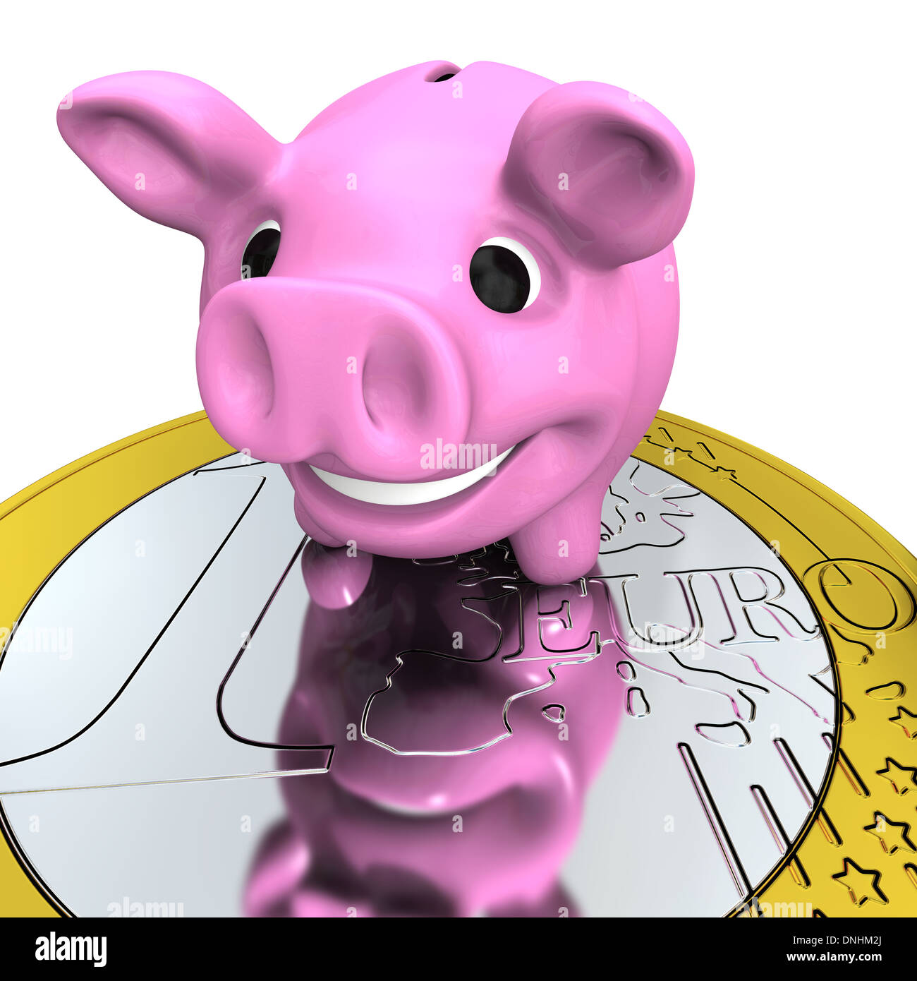 Happy pink piggy bank on Euro coin, concept of savings and investments ...