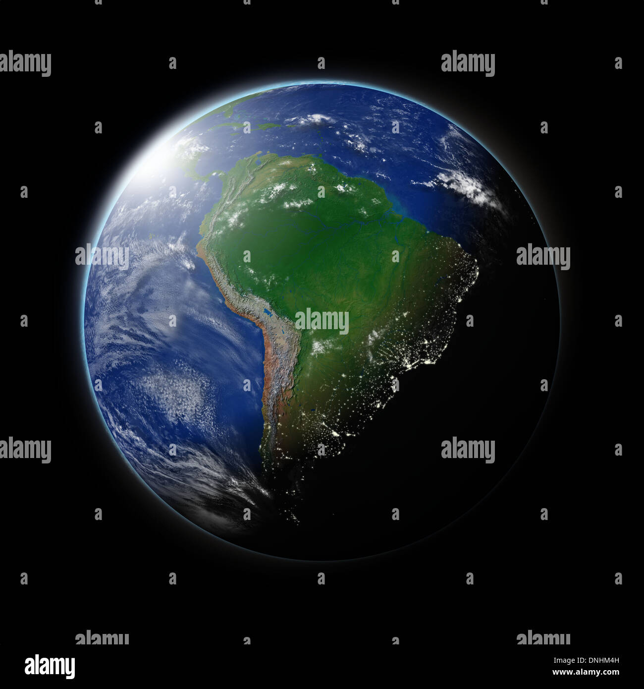 South America on blue planet Earth isolated on black background. Highly ...