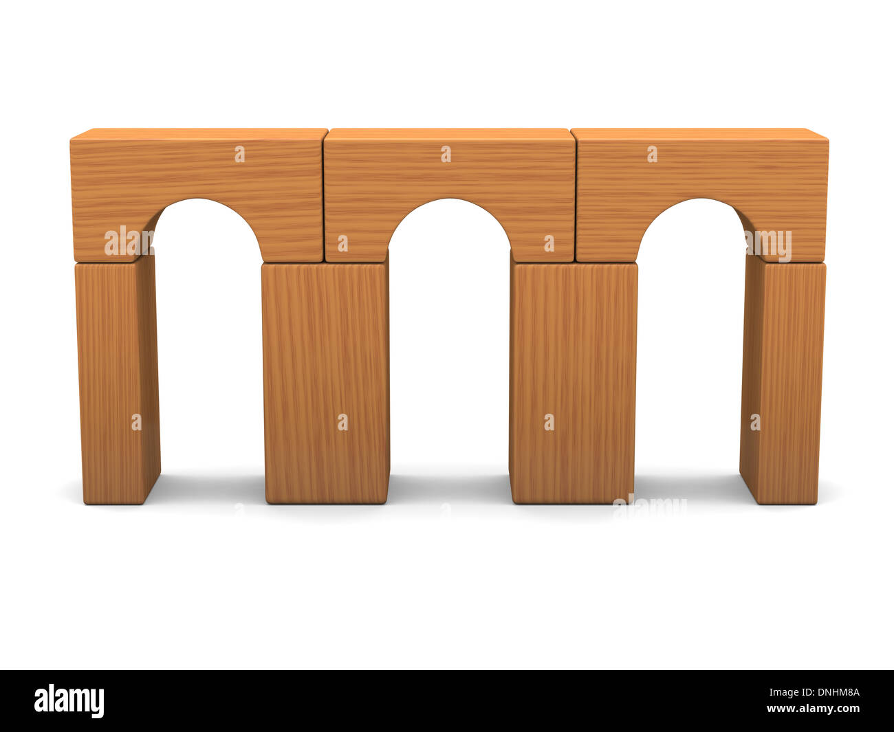 Toy bridge made of wooden blocks isolated on white background Stock