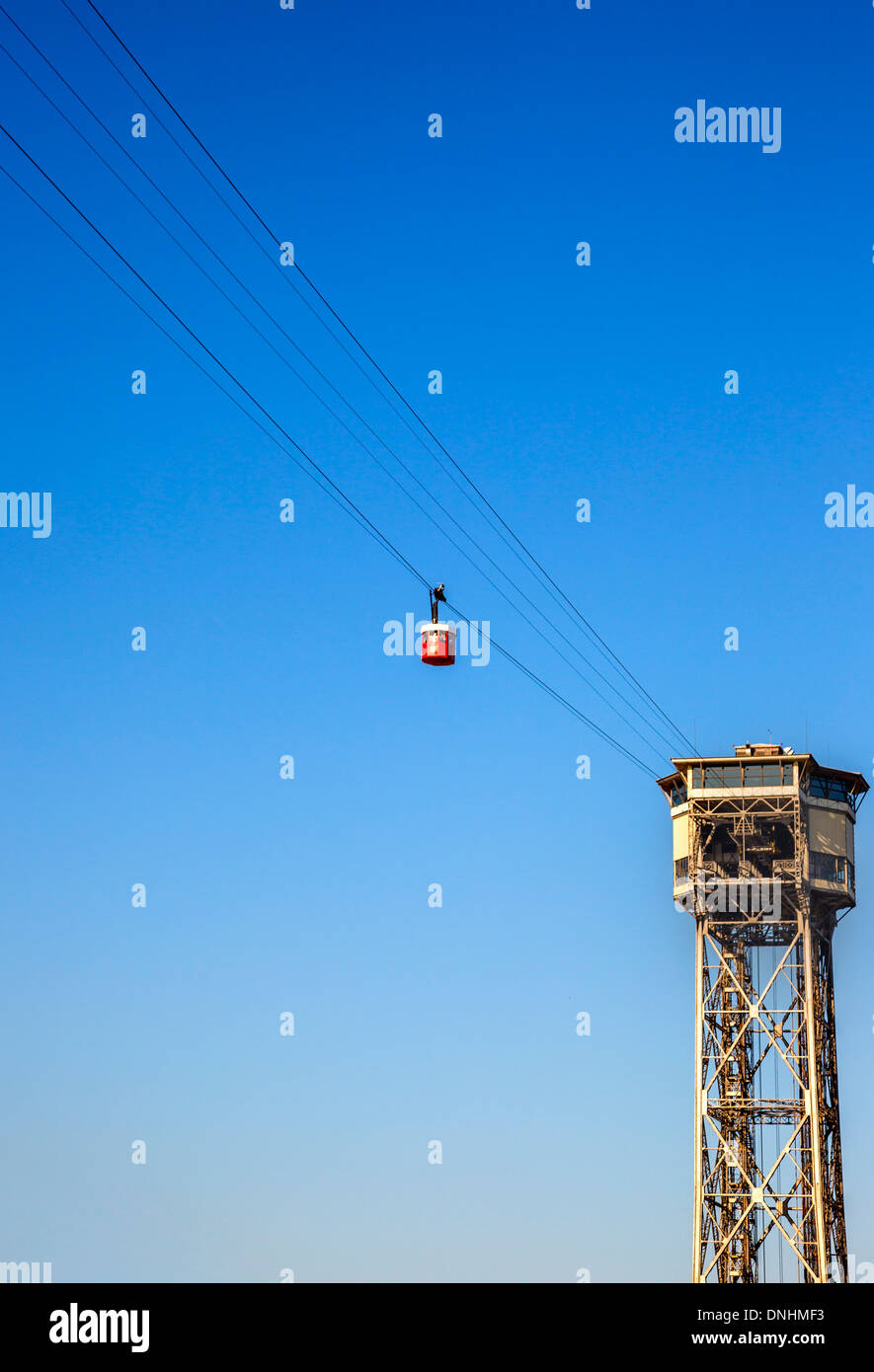 Low angle view of overhead cable car, Barcelona, Catalonia, Spain Stock Photo