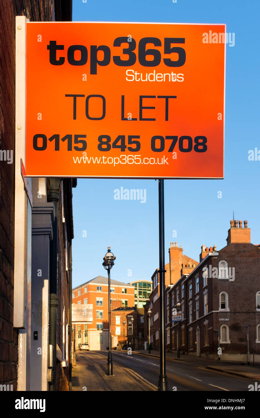 A To Let sign displayed by 'Top365' for student accommodation. Standard Hill, Nottingham, England. Stock Photo