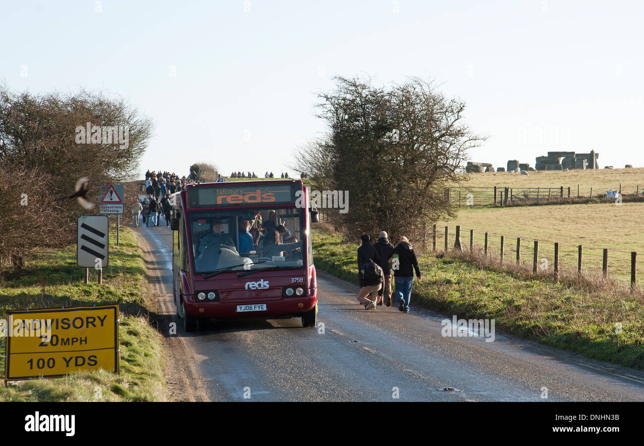 Stonehenge Visitor shuttle bus transport transporting along old A344 road Salisbury Plain English historic site and stones Stock Photo