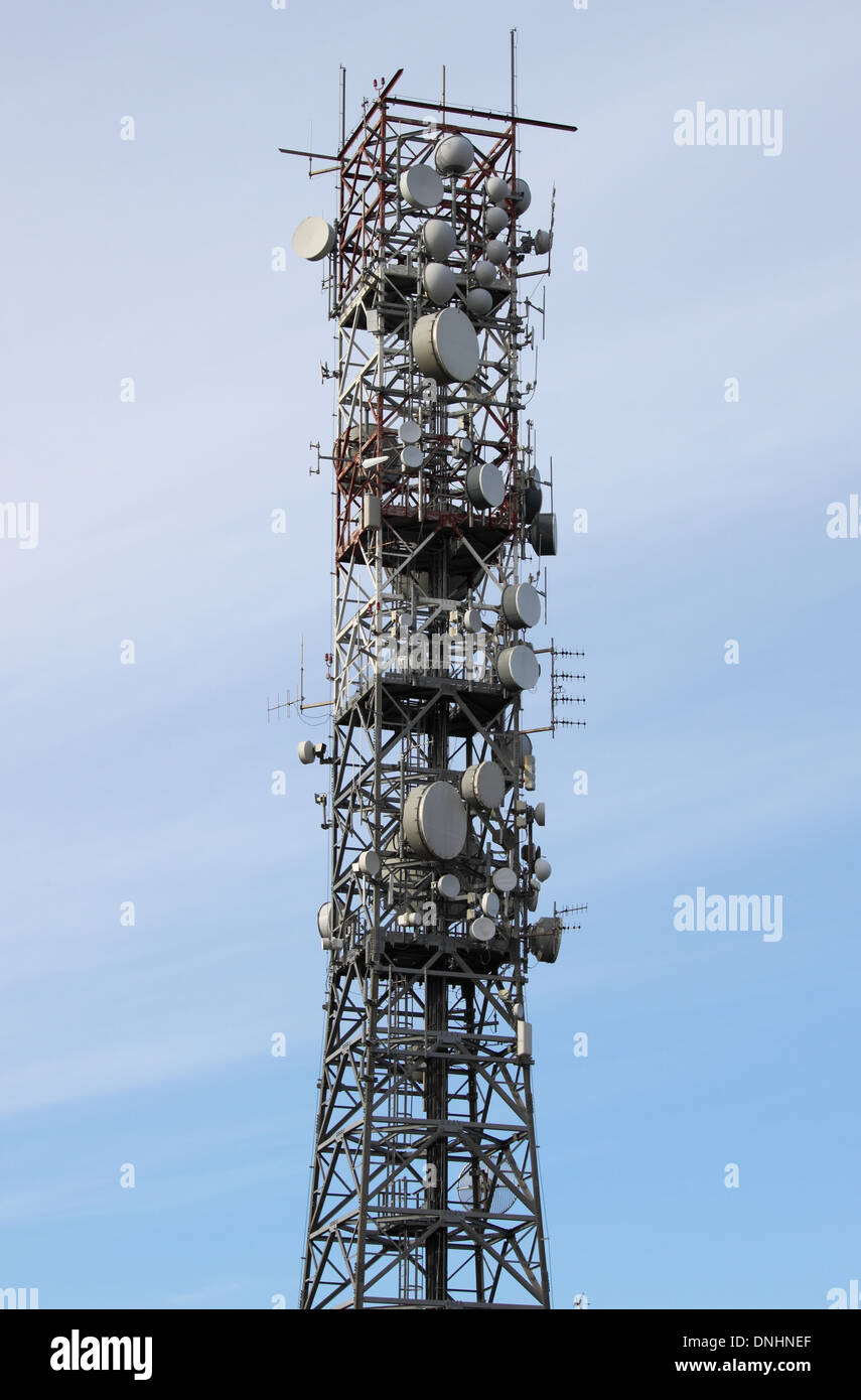 Telecommunication tower with many different antennas Stock Photo