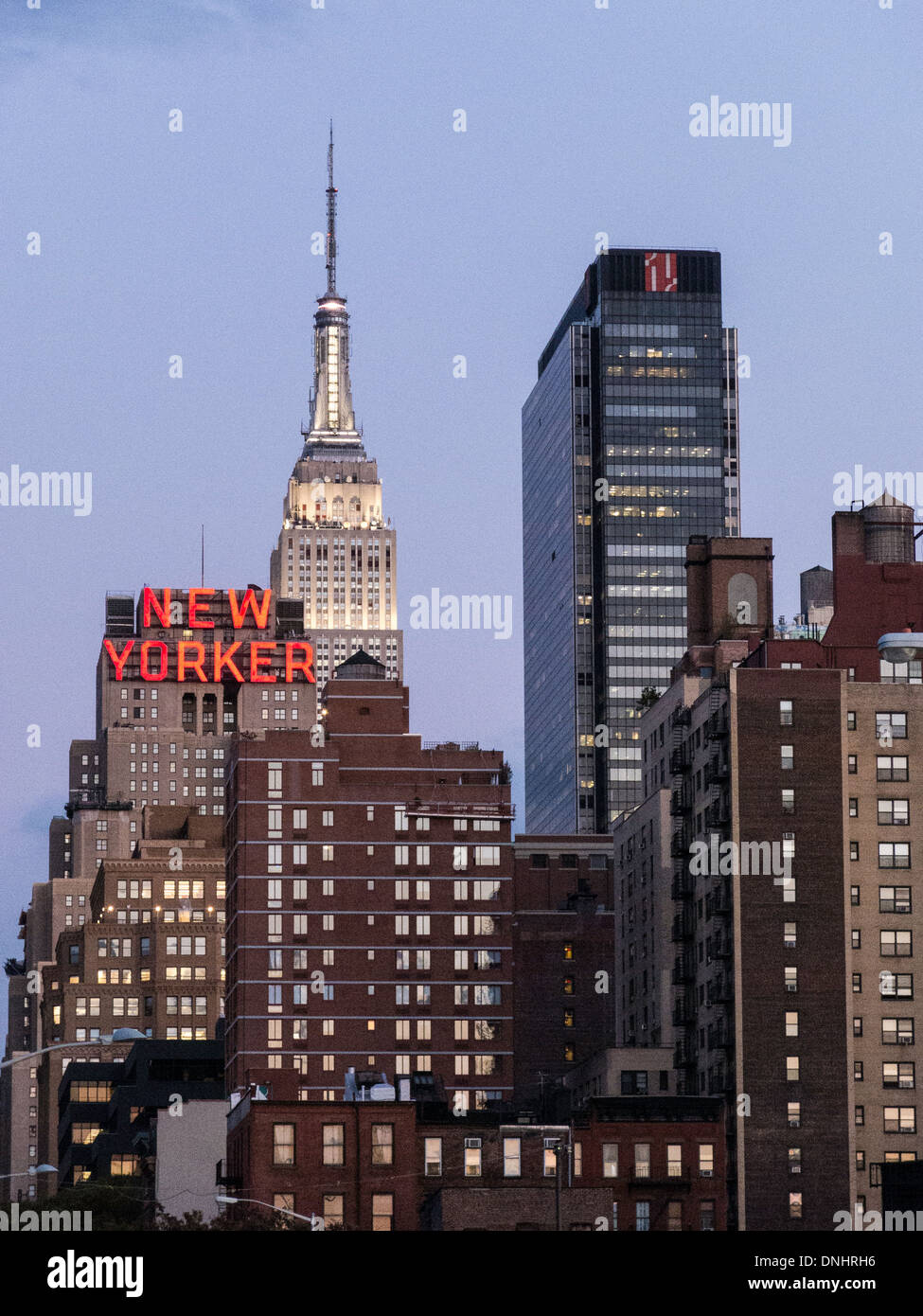 Skyline with New Yorker Hotel and Empire State Building , NYC, USA Stock Photo