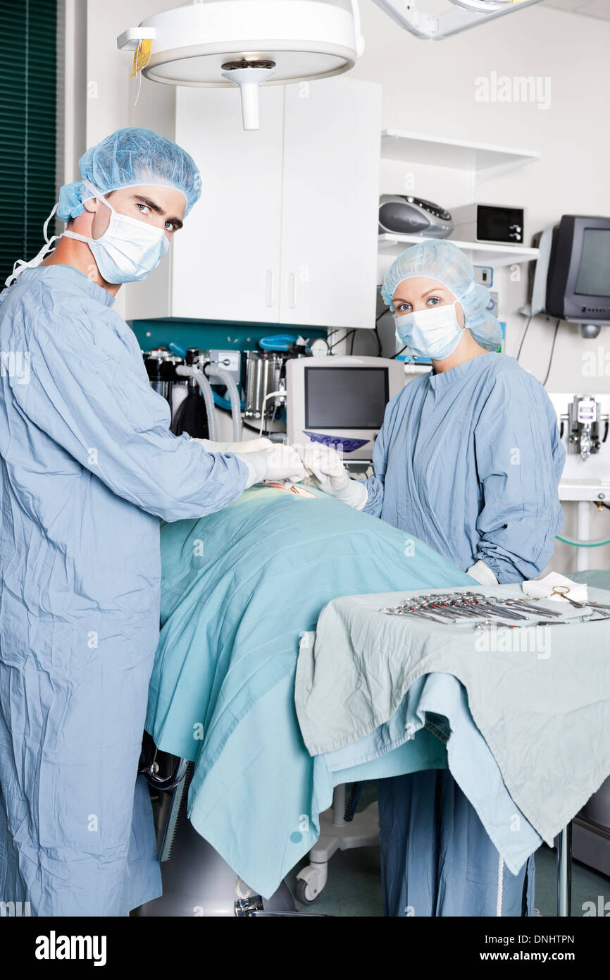 Veterinarian Doctor And Female Assistant Performing A Surgery Stock Photo