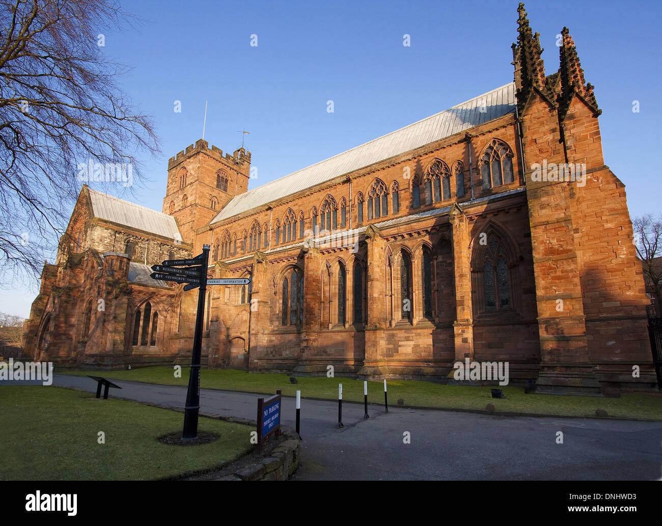 First Sunlight hits Carlisle Cathedral one of the smallest in England Stock Photo