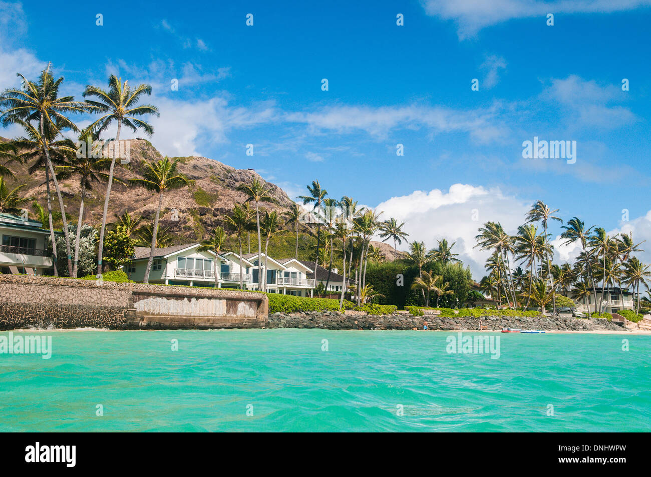 Oceanfront houses and seawalls, Lanikai Beach, Kailua Bay, Oahu Stock